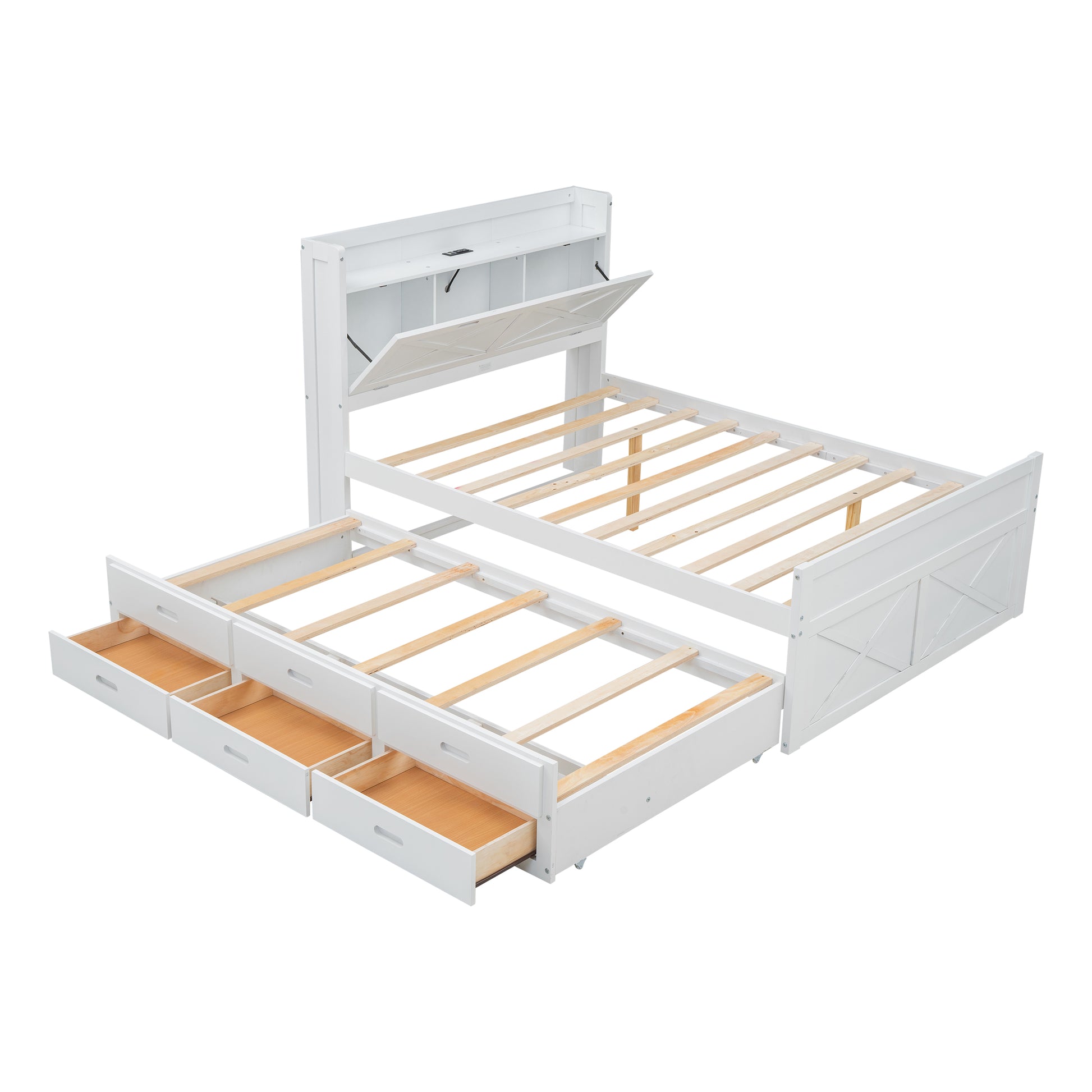 White wooden storage bed frame with pullout drawers and slatted support