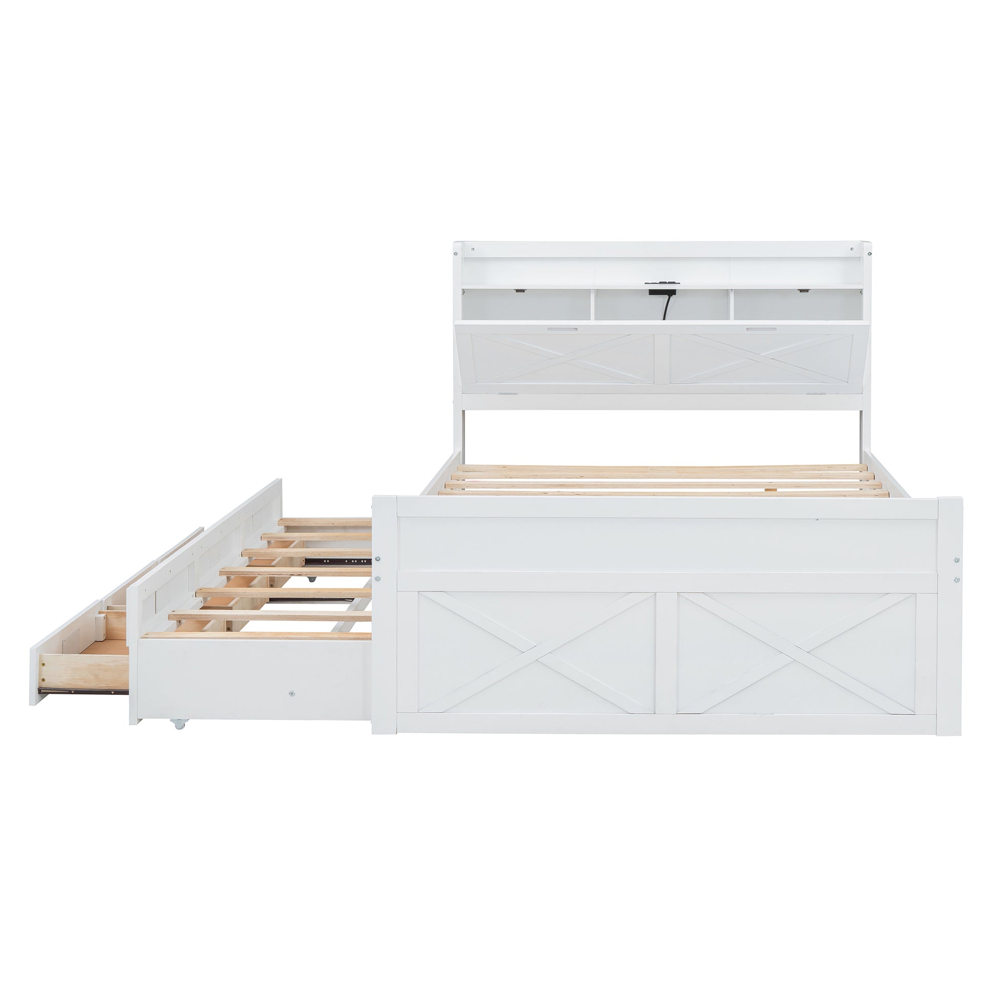 White farmhouse storage bed with trundle drawer and headboard shelves