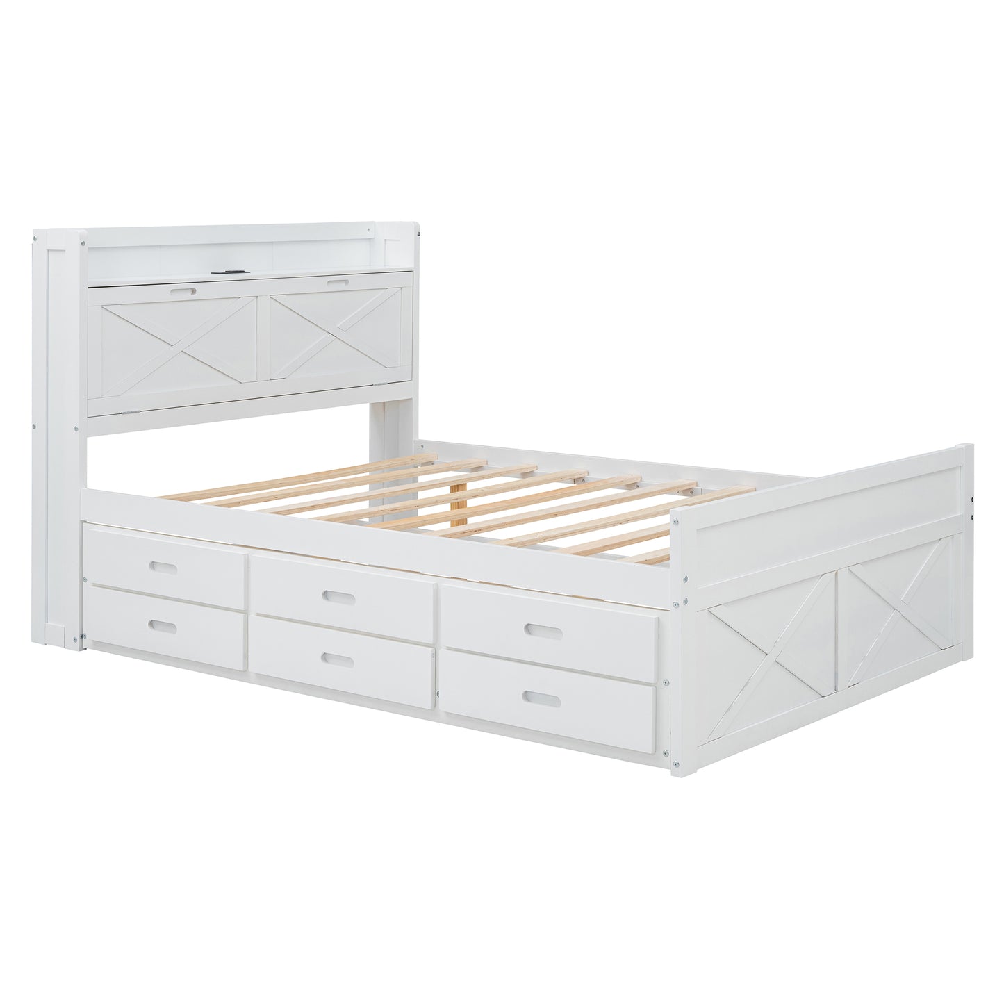 White wooden bed frame with six drawers and a slatted base