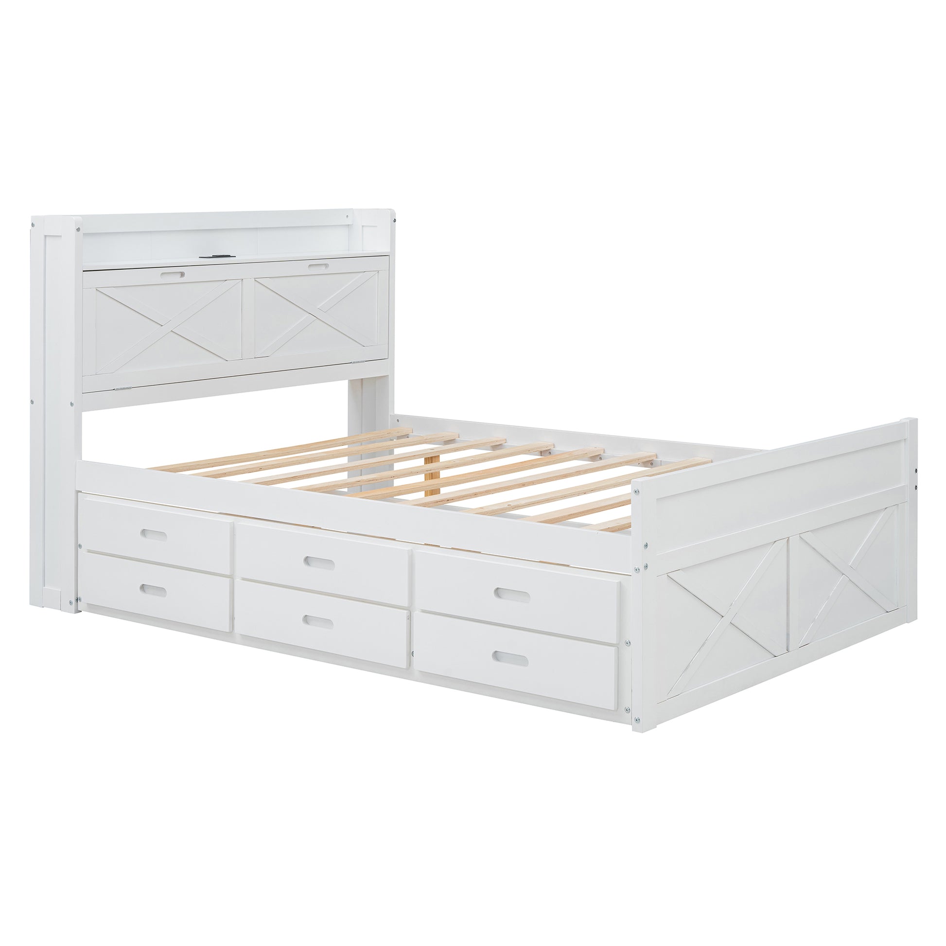 White wooden bed frame with six drawers and a slatted base