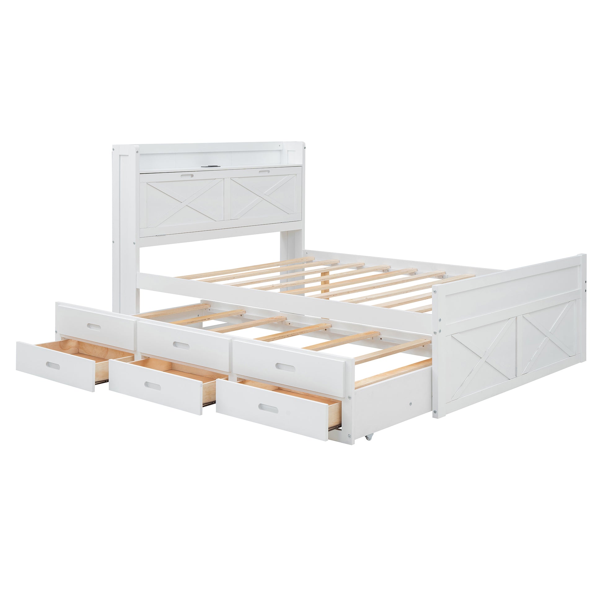 White wooden bed frame with multiple storage drawers
