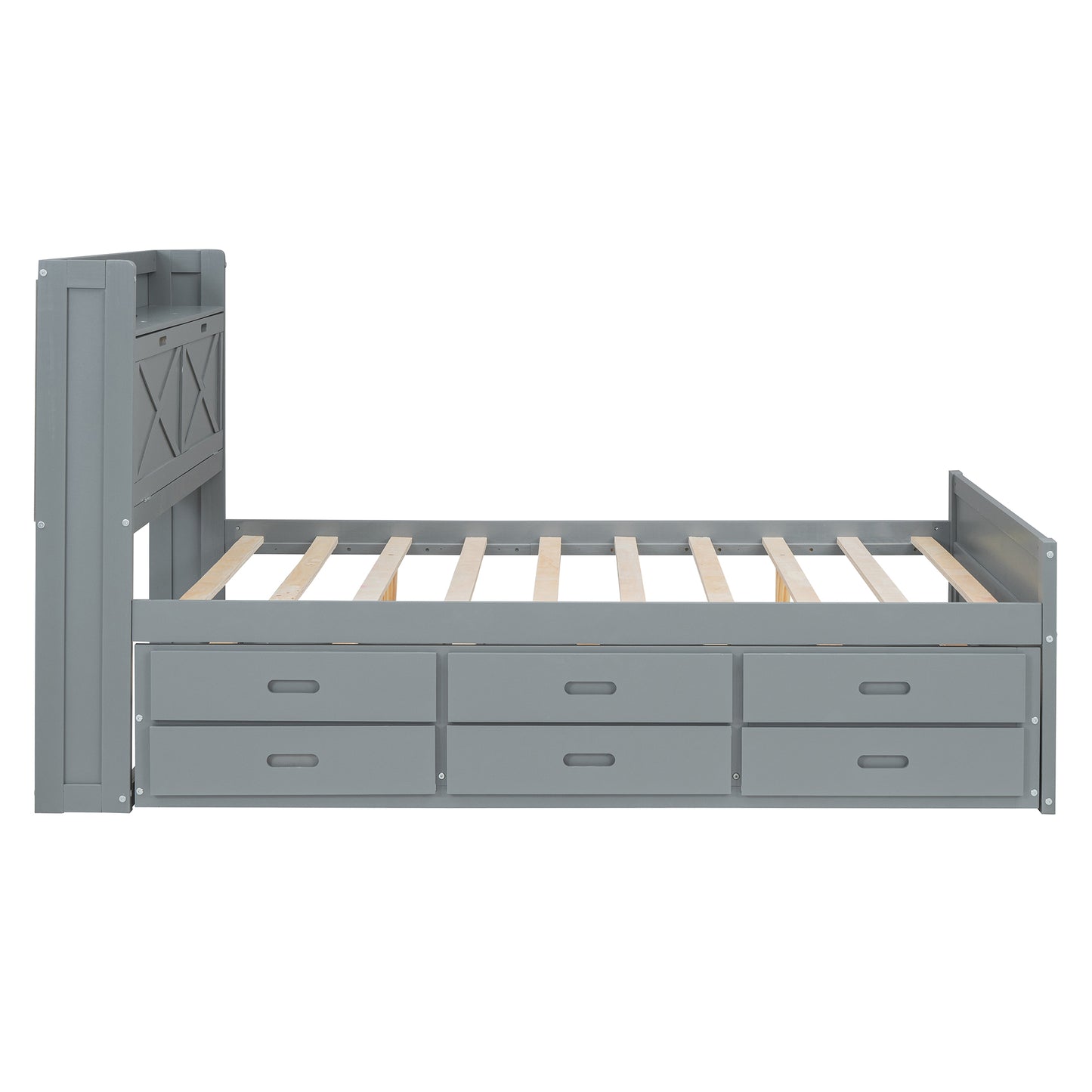 Gray twin bed frame with six storage drawers