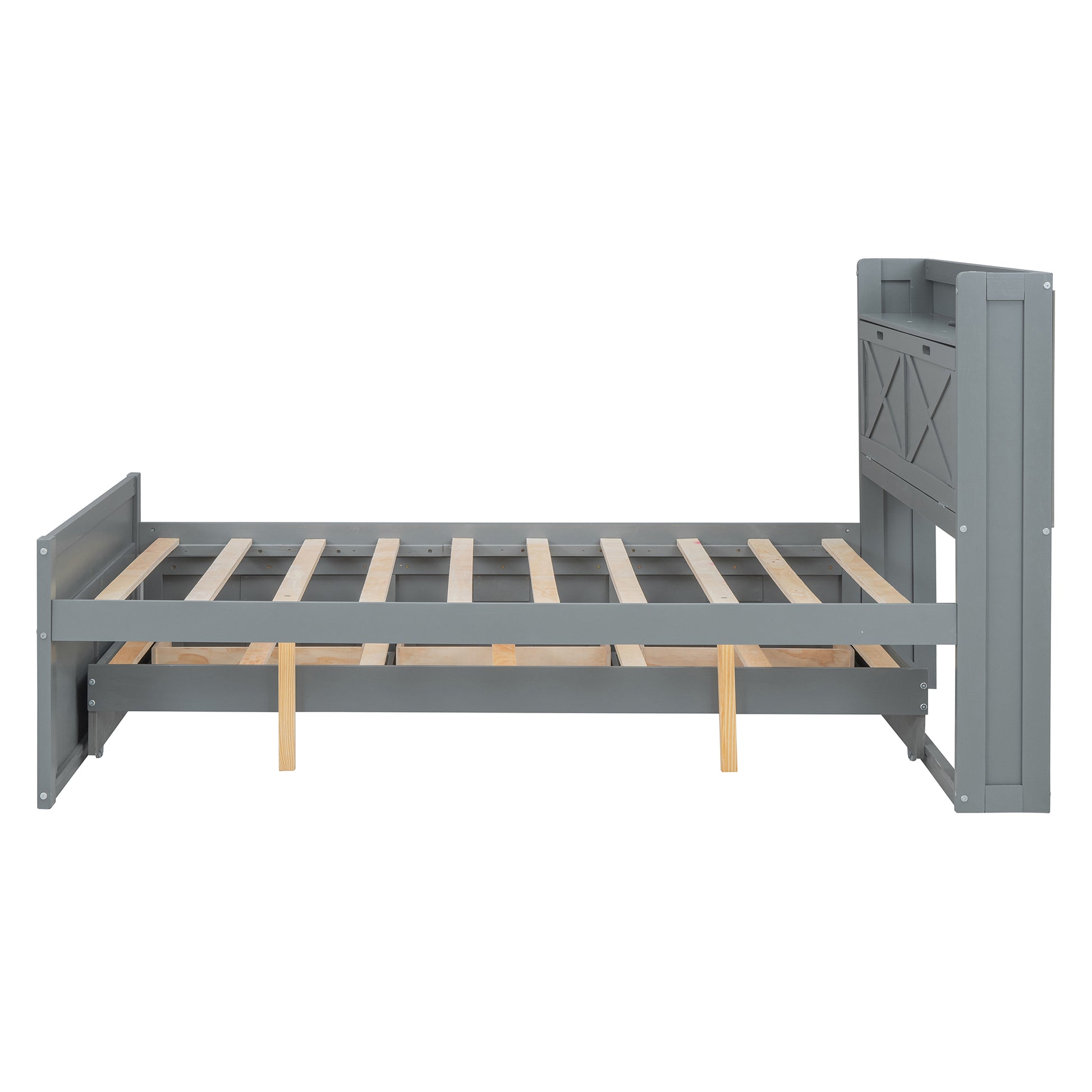 Gray wooden twin bed frame with crossdetail headboard and slatted base