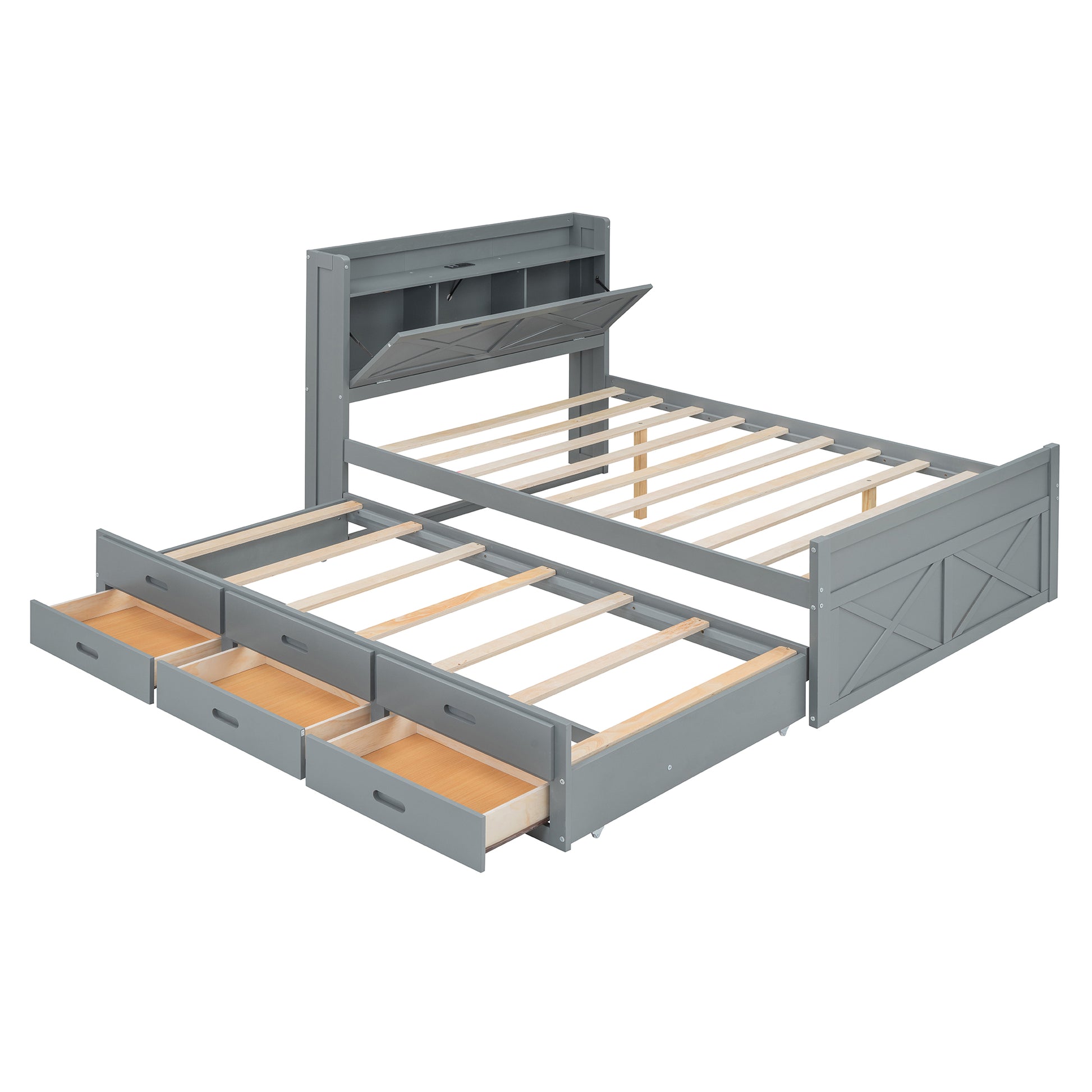 Gray wooden daybed with storage drawers and open headboard compartments