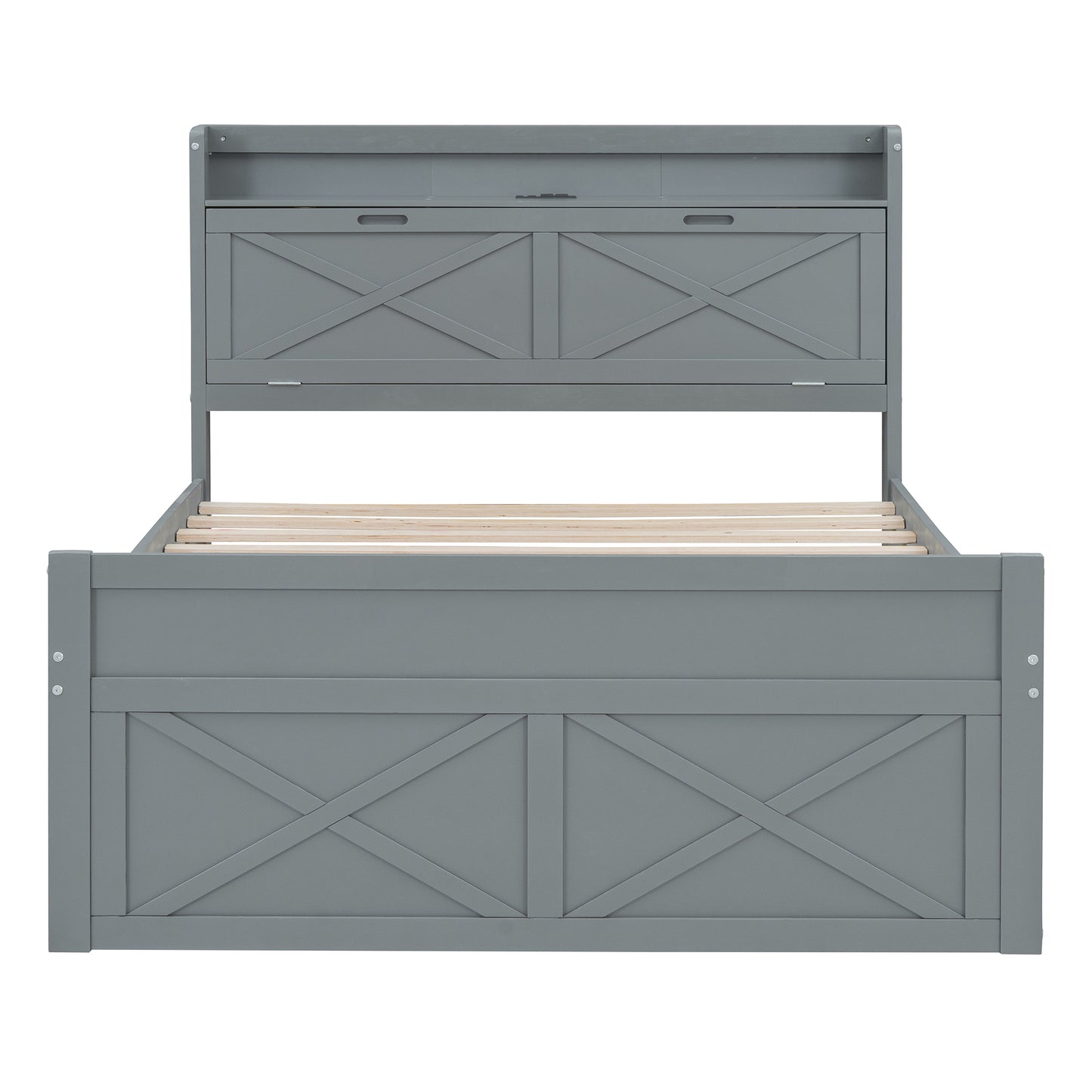 Gray wooden storage bed with Xdesign headboard and footboard