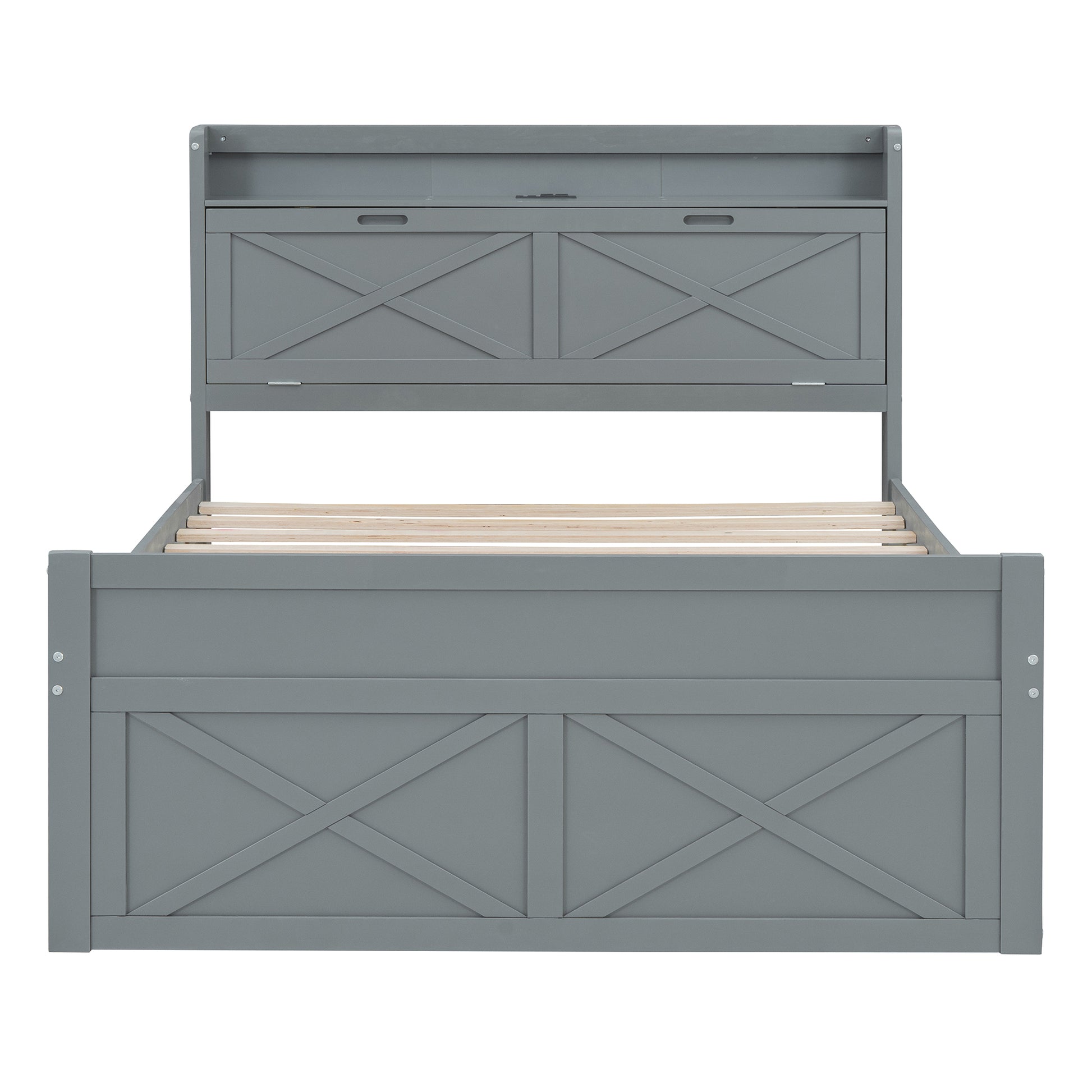 Gray wooden storage bed with Xdesign headboard and footboard