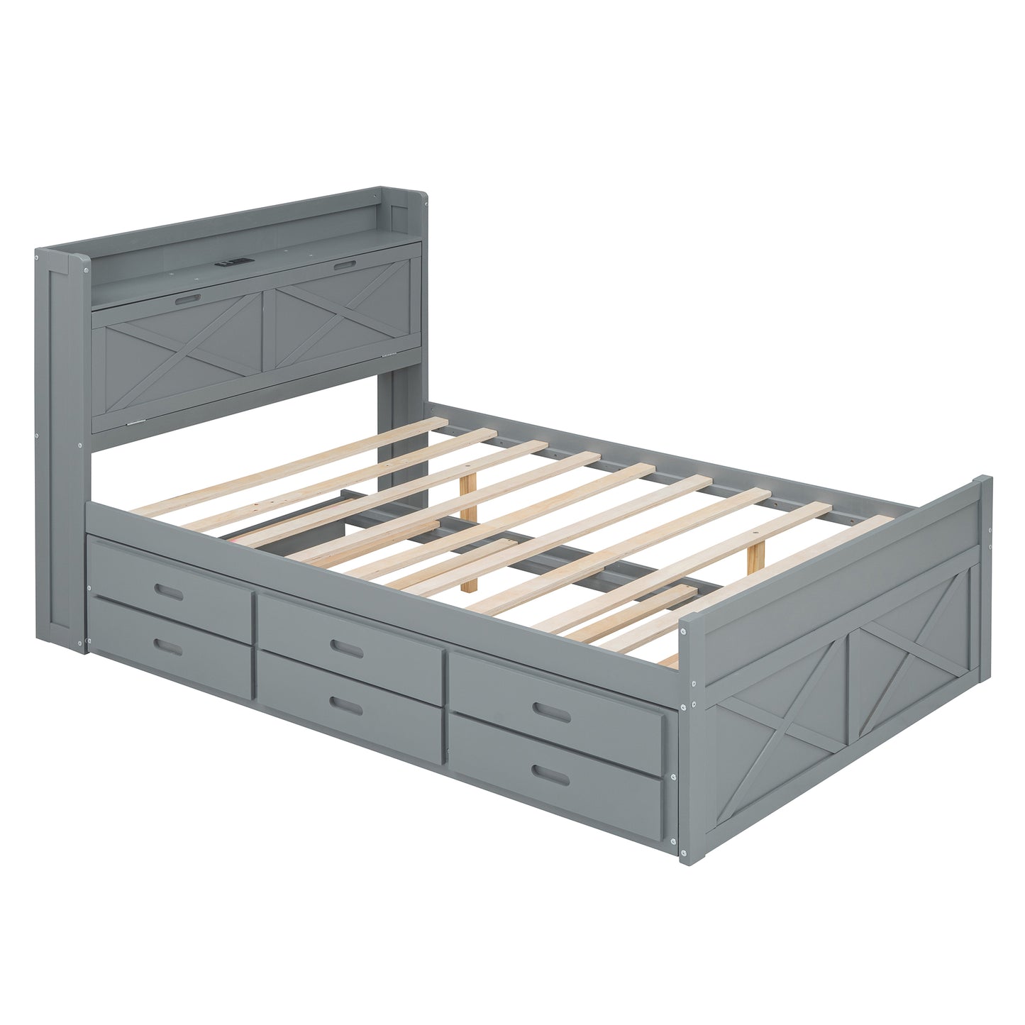 Gray farmhouse bed frame with six drawers and headboard storage