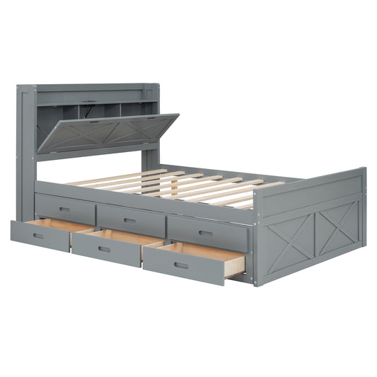 Gray twin storage bed with headboard shelves and six drawers