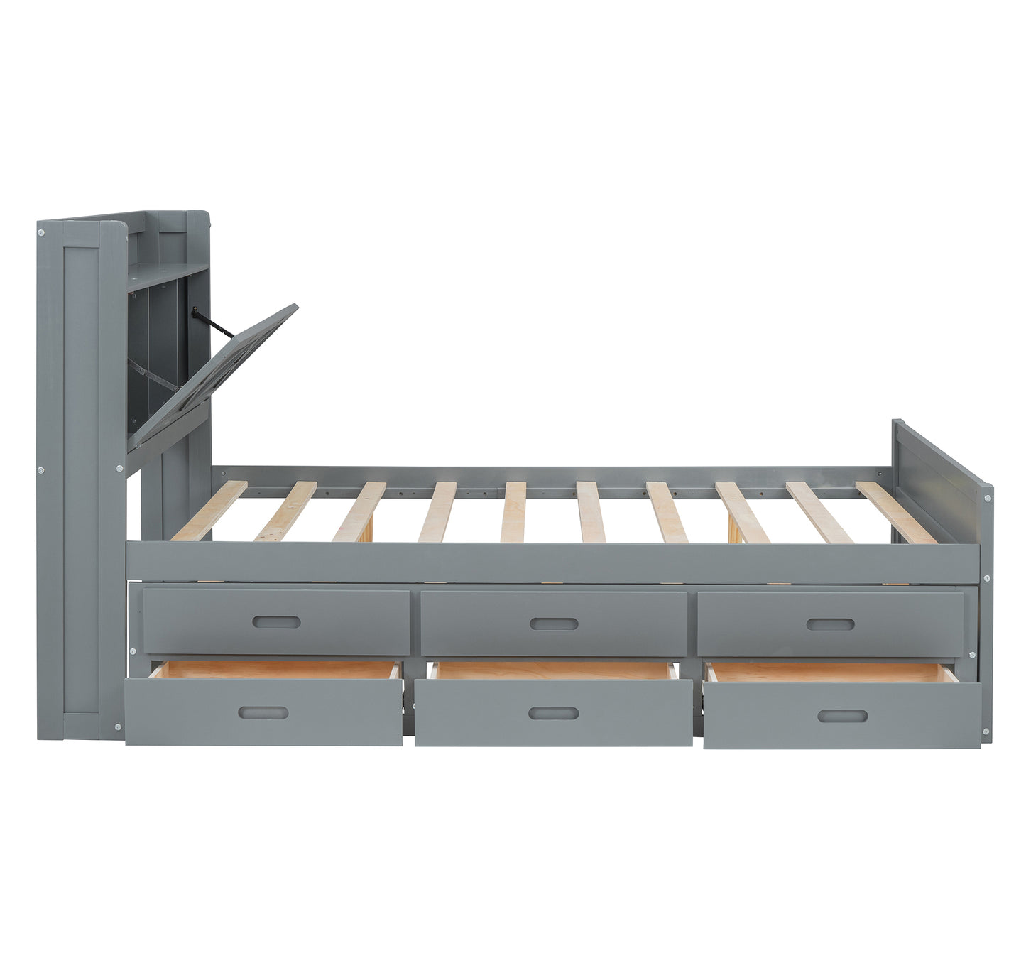 Gray twin storage bed frame with six drawers and open headboard compartment