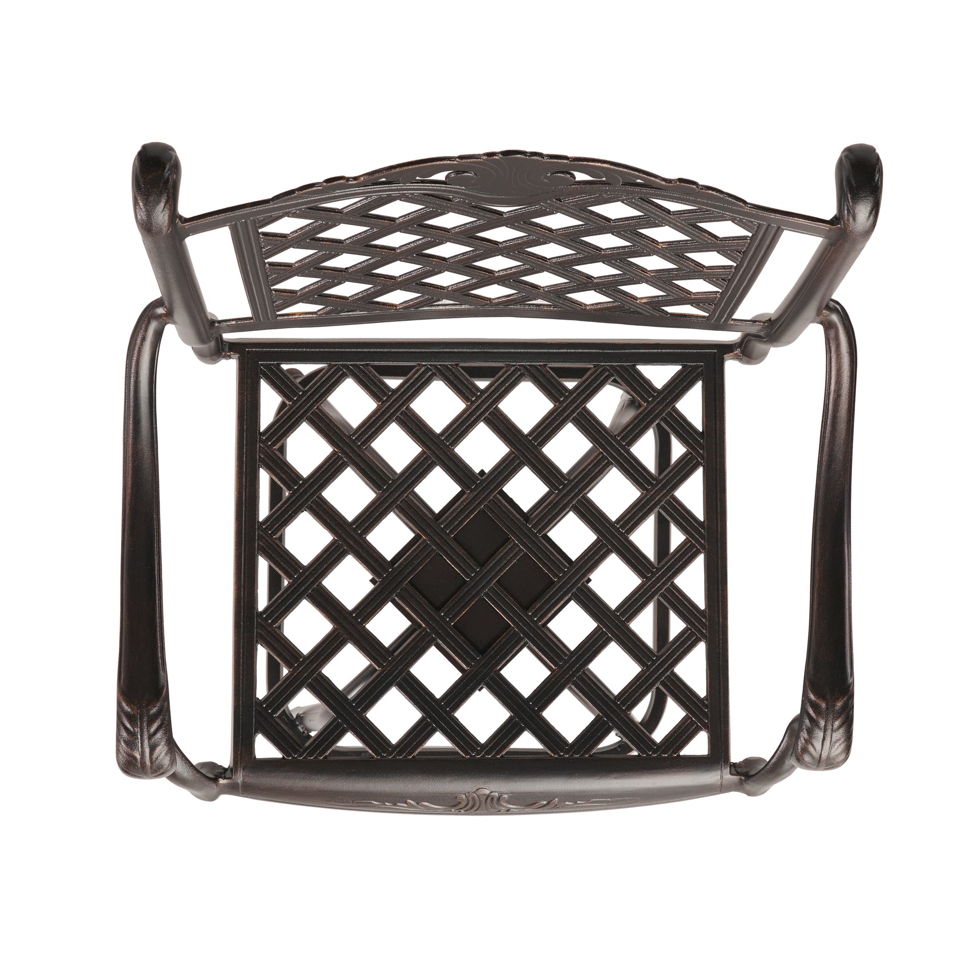 Bronze metal patio chair with ornate lattice design