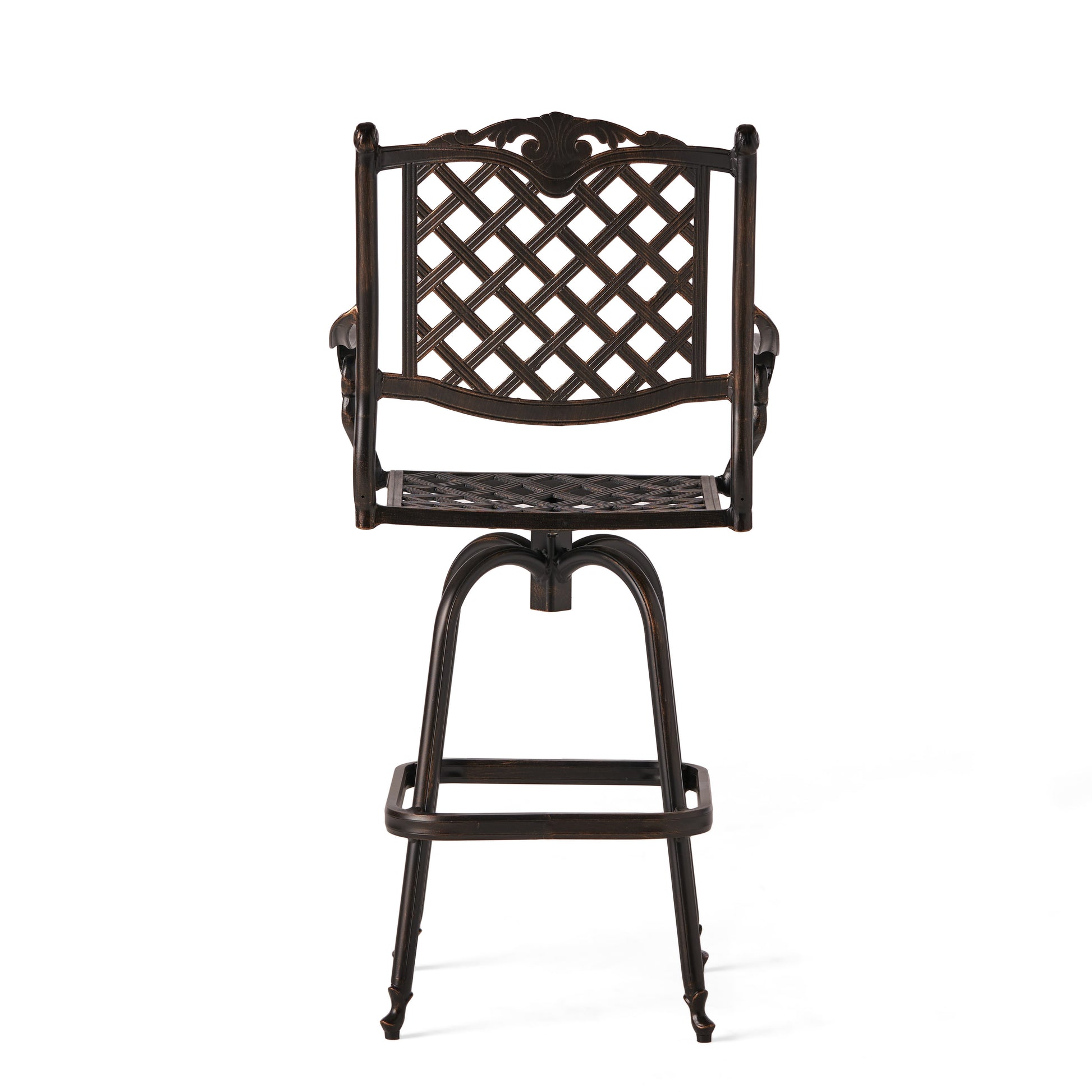 Bronze ornate cast aluminum bar stool with lattice back and swivel seat