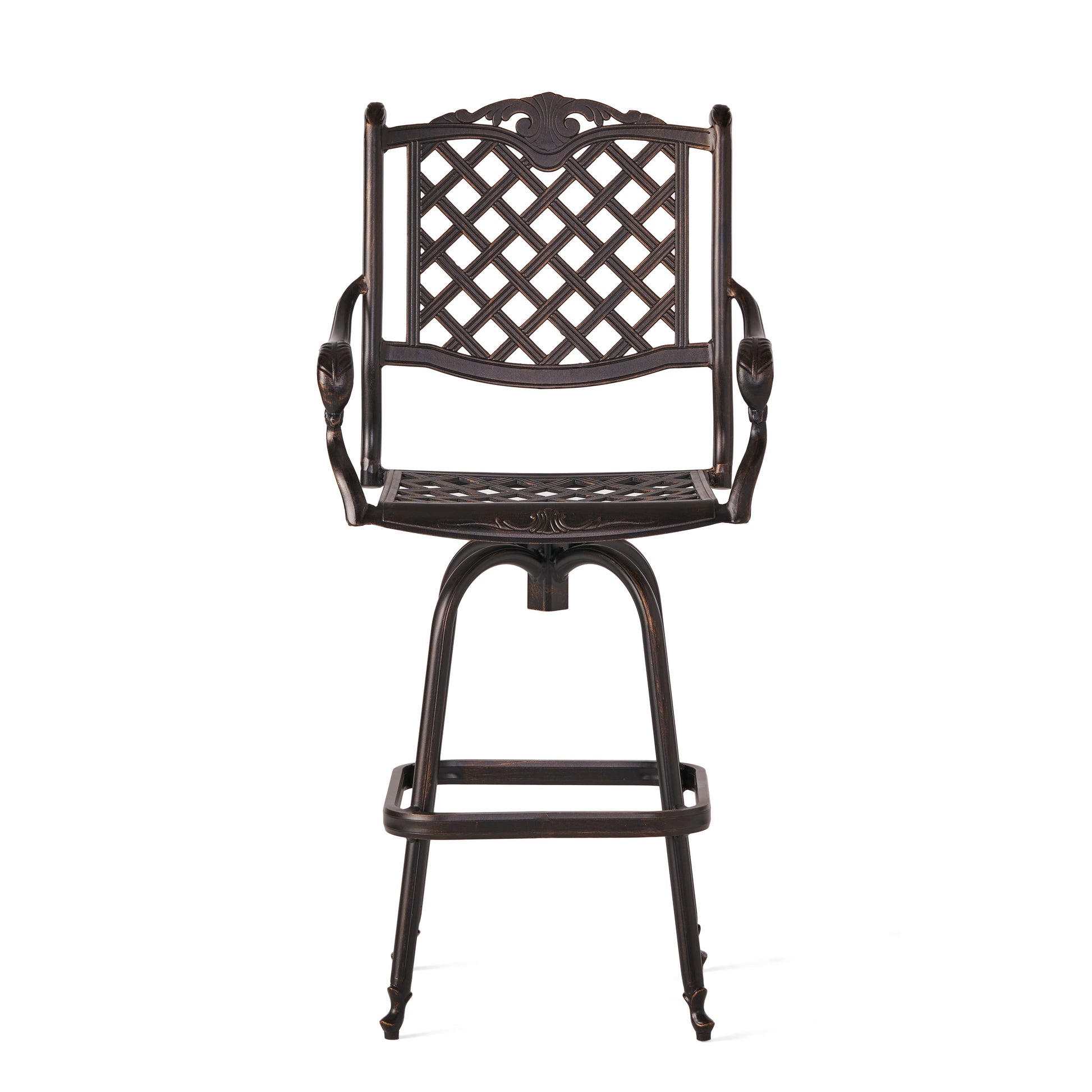 Bronze cast aluminum bar stool with ornate lattice back and swiveling seat