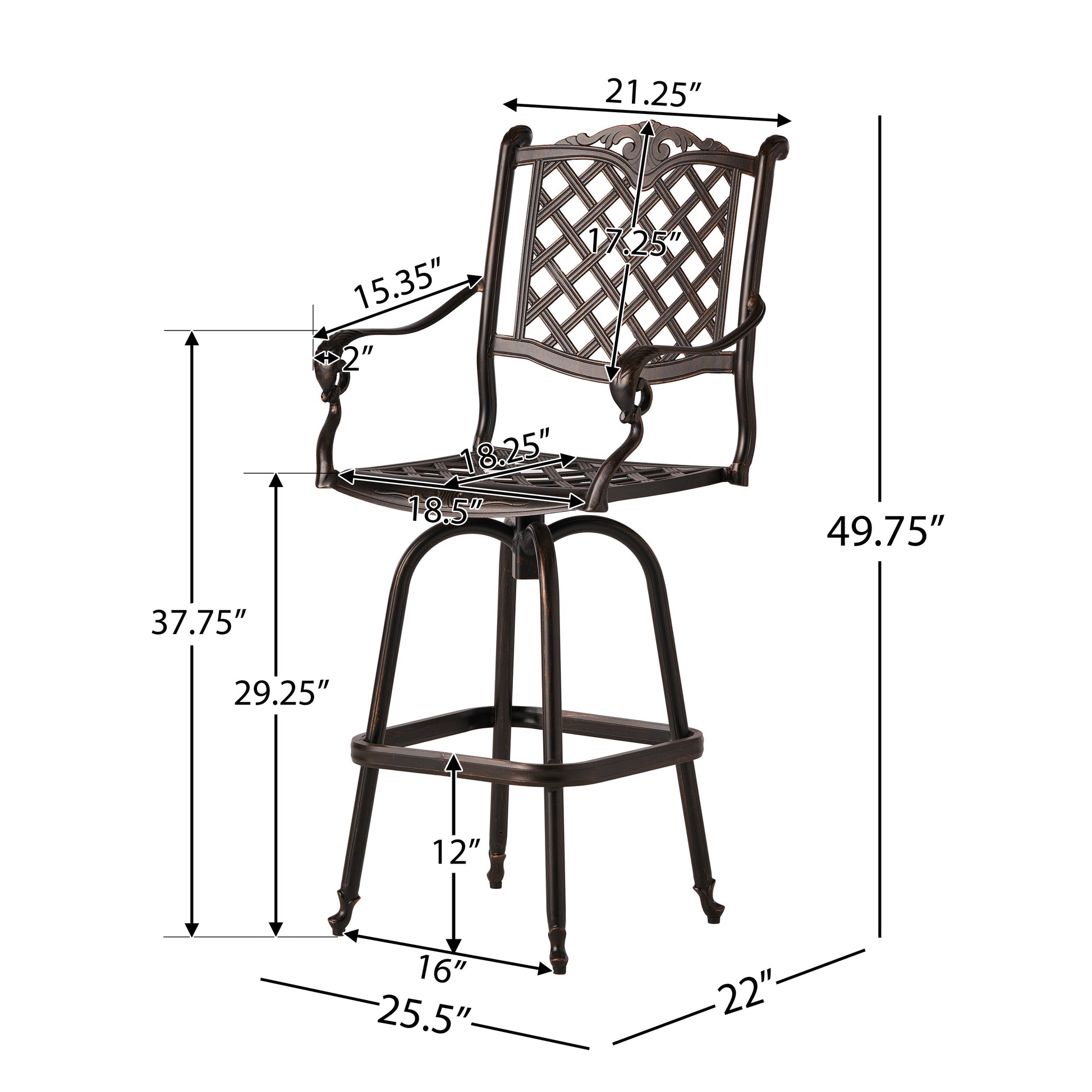 Bronze cast aluminum bar stool with intricate lattice back