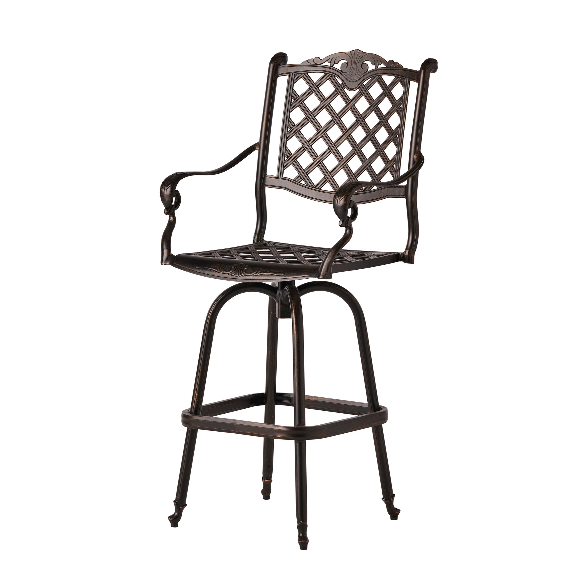 Bronze lattice back swivel bar stool with scrolled arms and ornate detailing