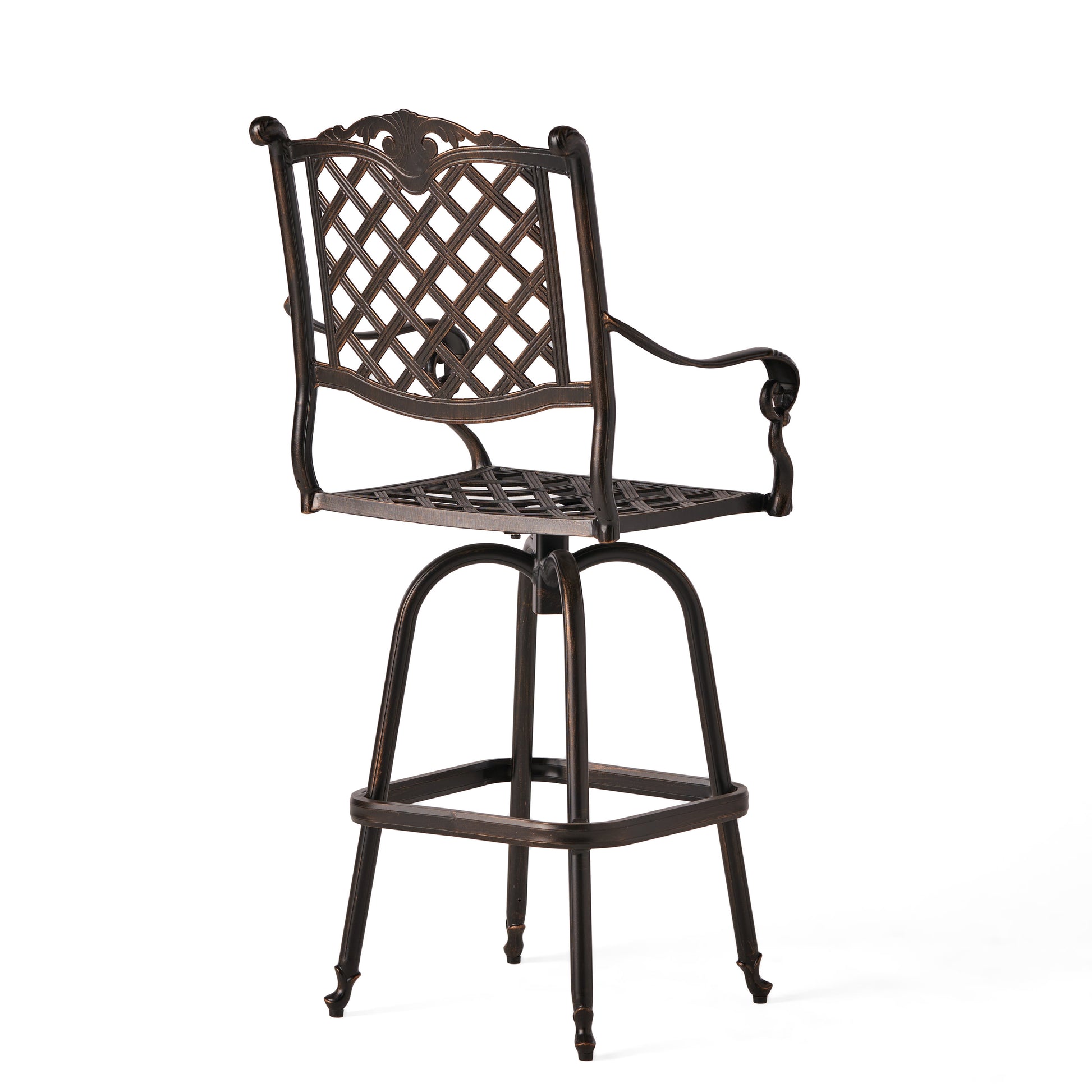 Bronze lattice back swivel bar stool with ornate details and decorative legs