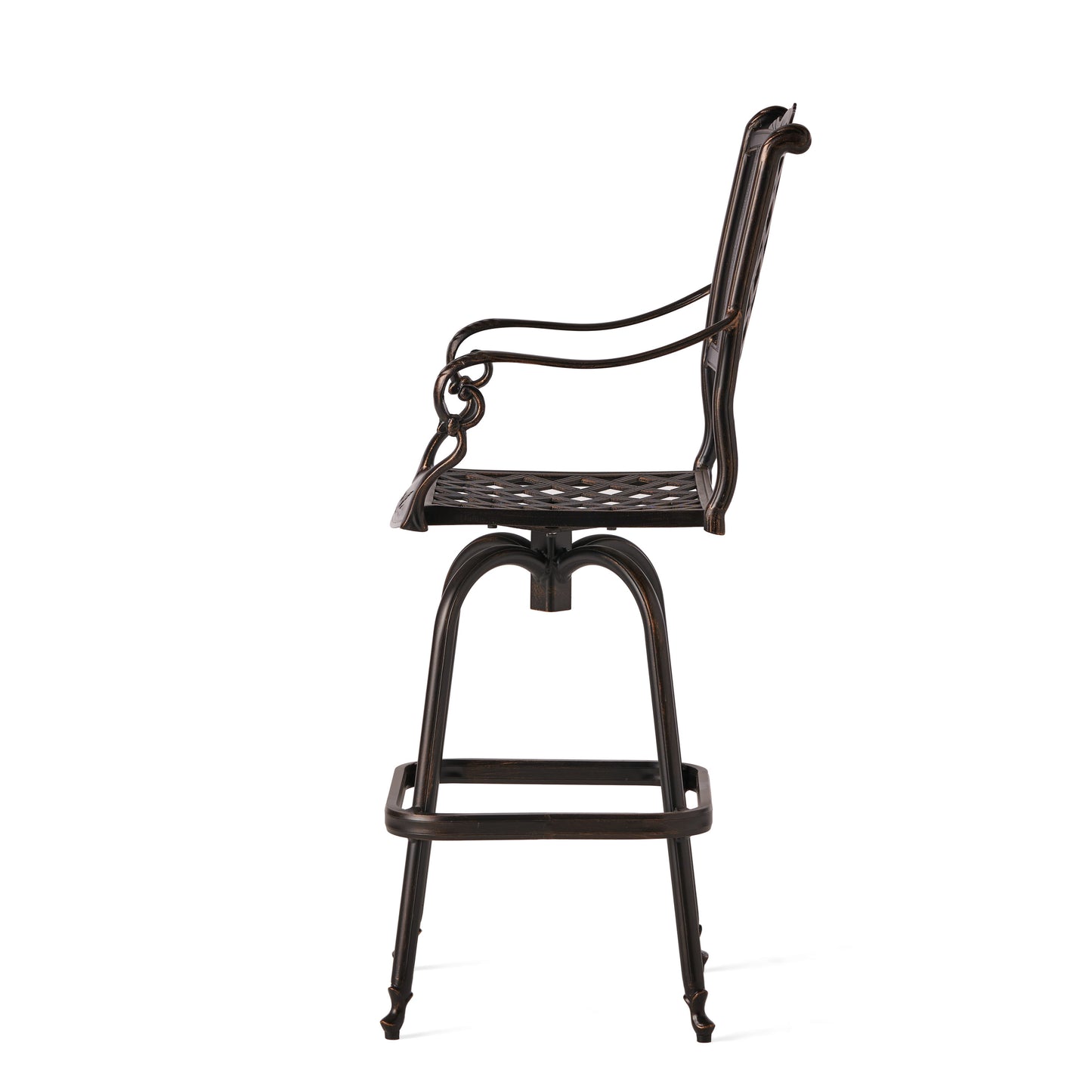 Bronze wrought iron swivel bar stool with ornate scrolled arms and diamondpatterned seat