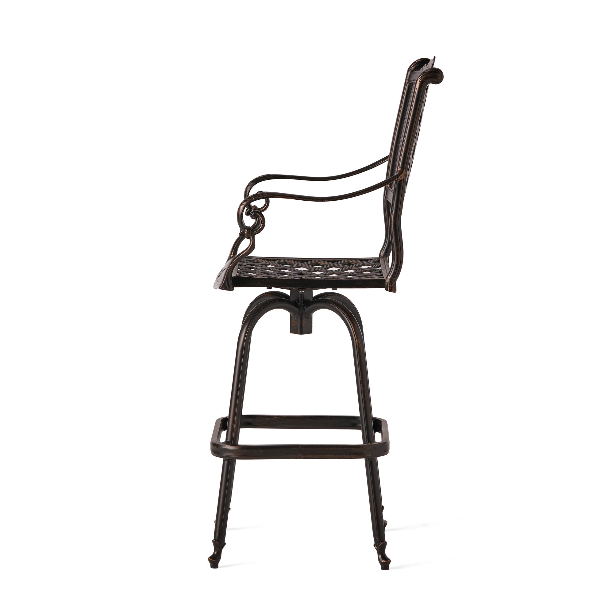 Bronze wrought iron swivel bar stool with ornate scrolled arms and diamondpatterned seat