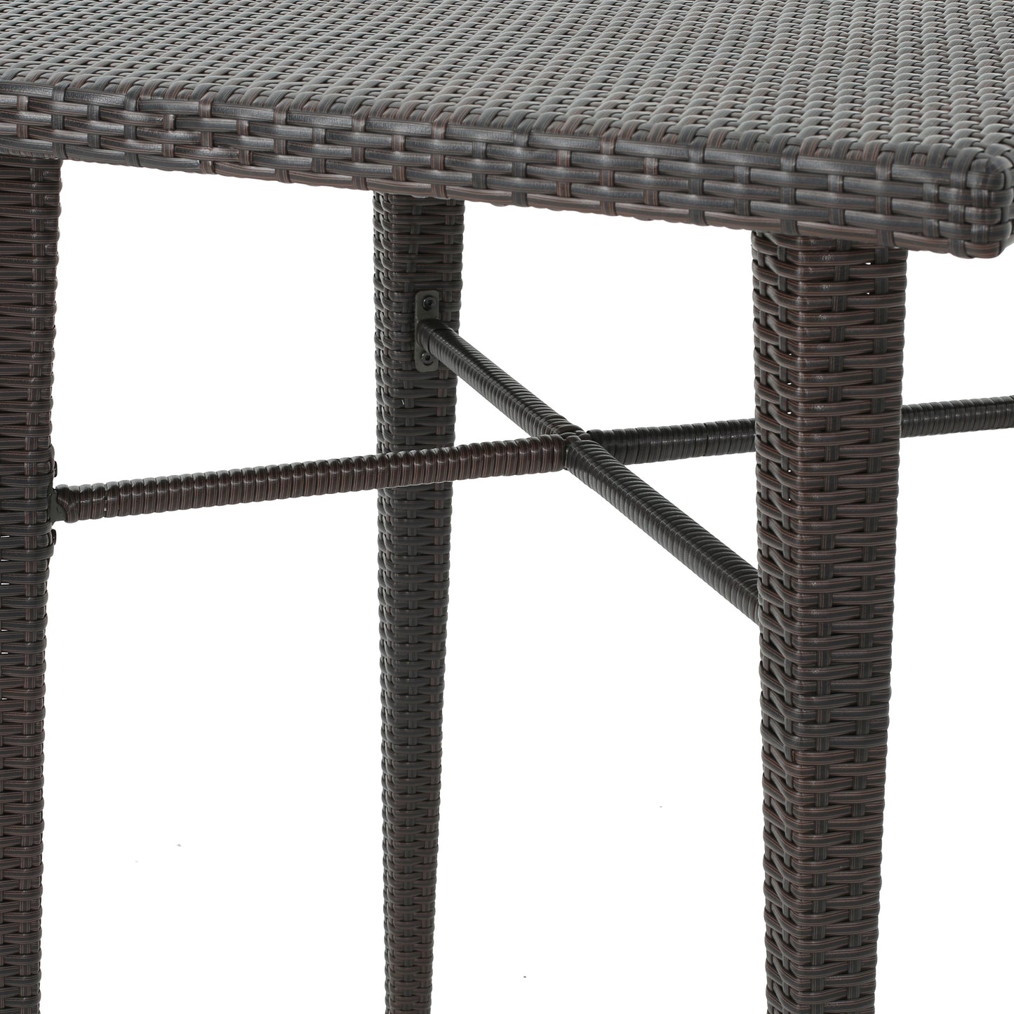 Dark brown rattan bar table with woven texture and metal support