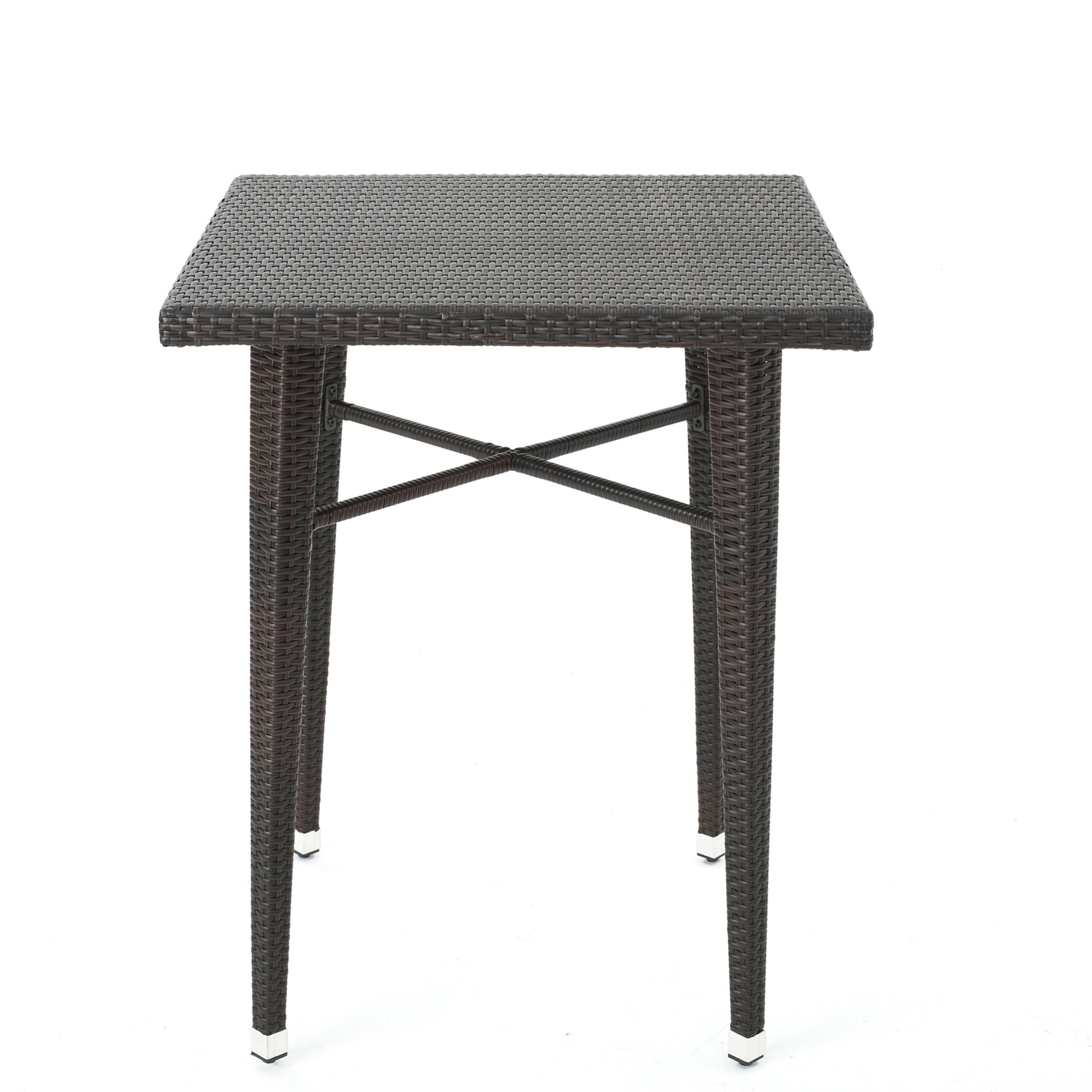 Square dark brown wicker bistro table with crisscross support