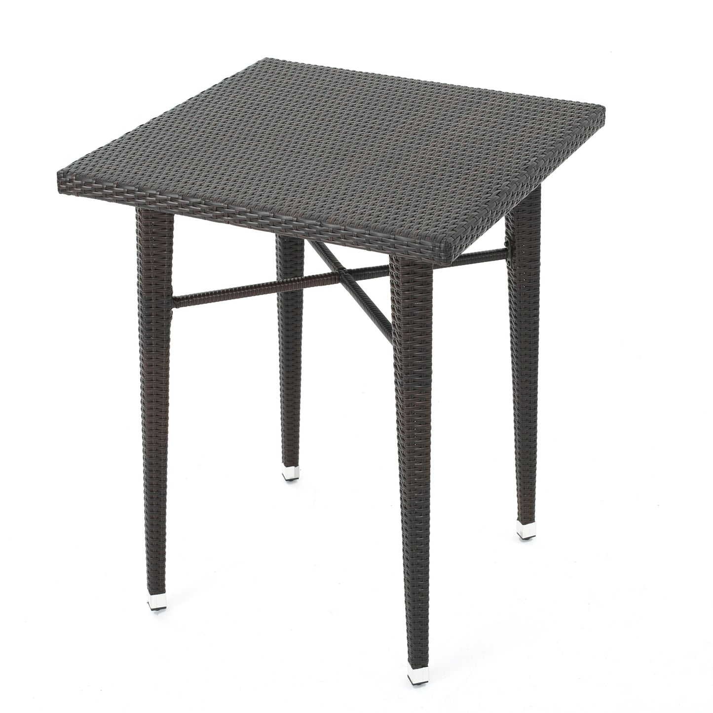 Dark brown wicker patio bar table with square top and four legs