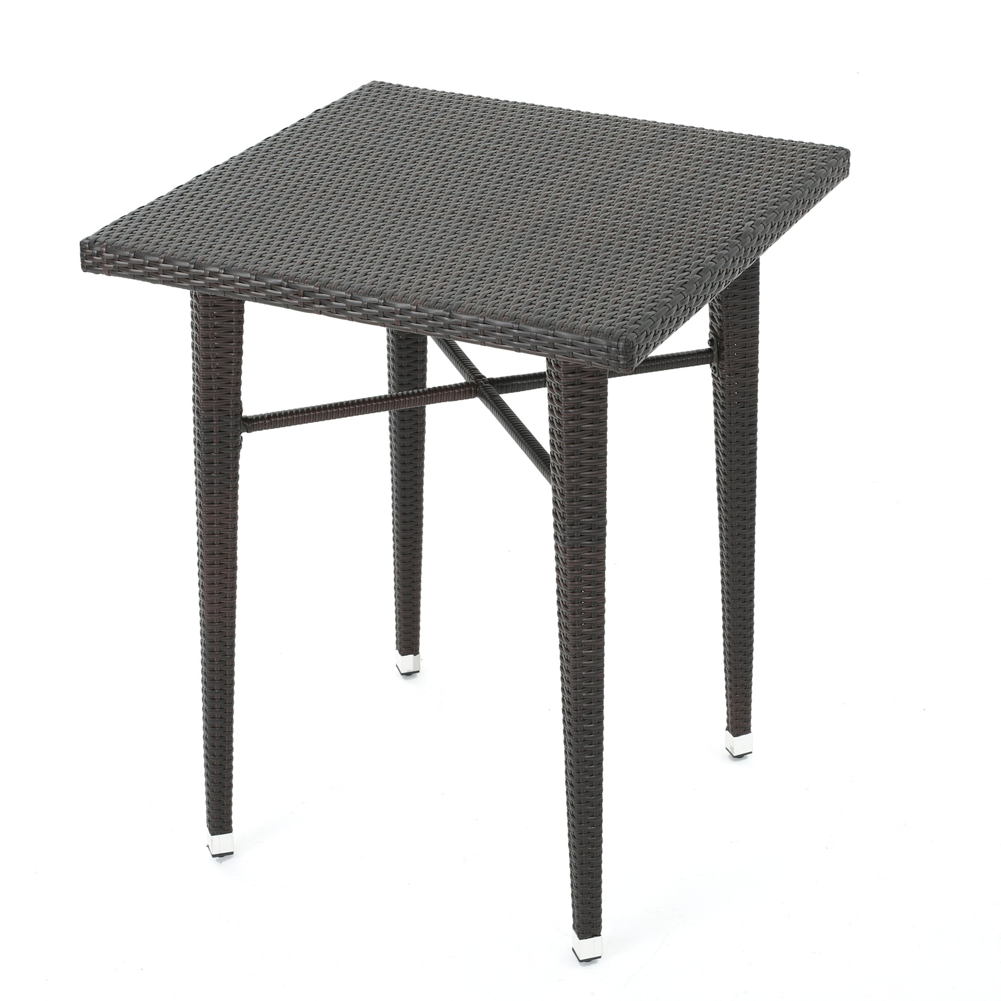 Dark brown wicker patio bar table with square top and four legs
