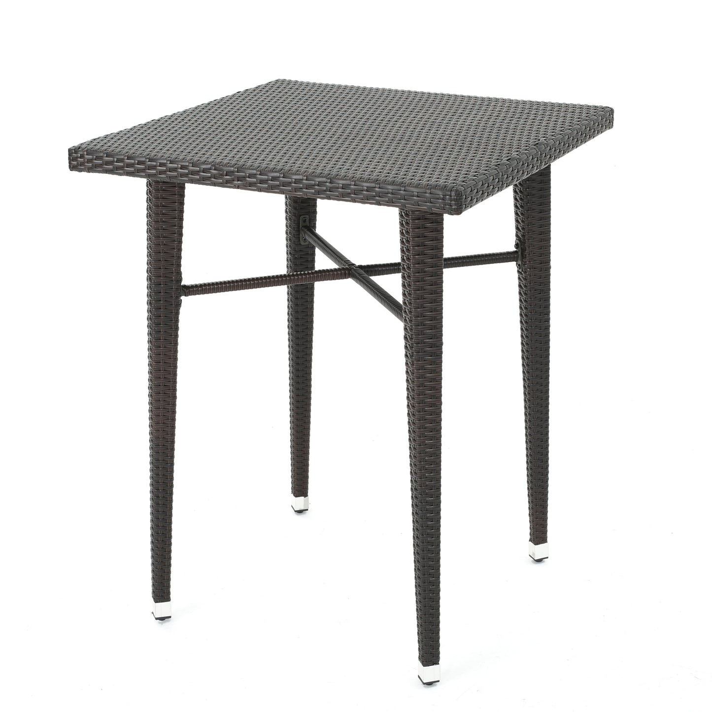 Square dark brown rattan bar table with silver foot caps