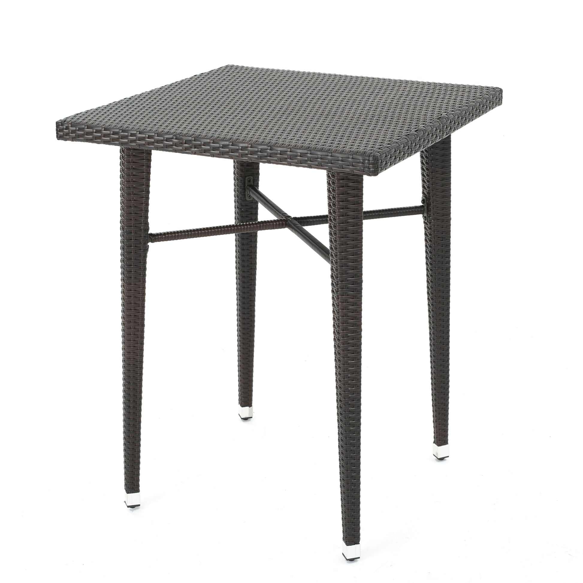 Square dark brown rattan bar table with silver foot caps