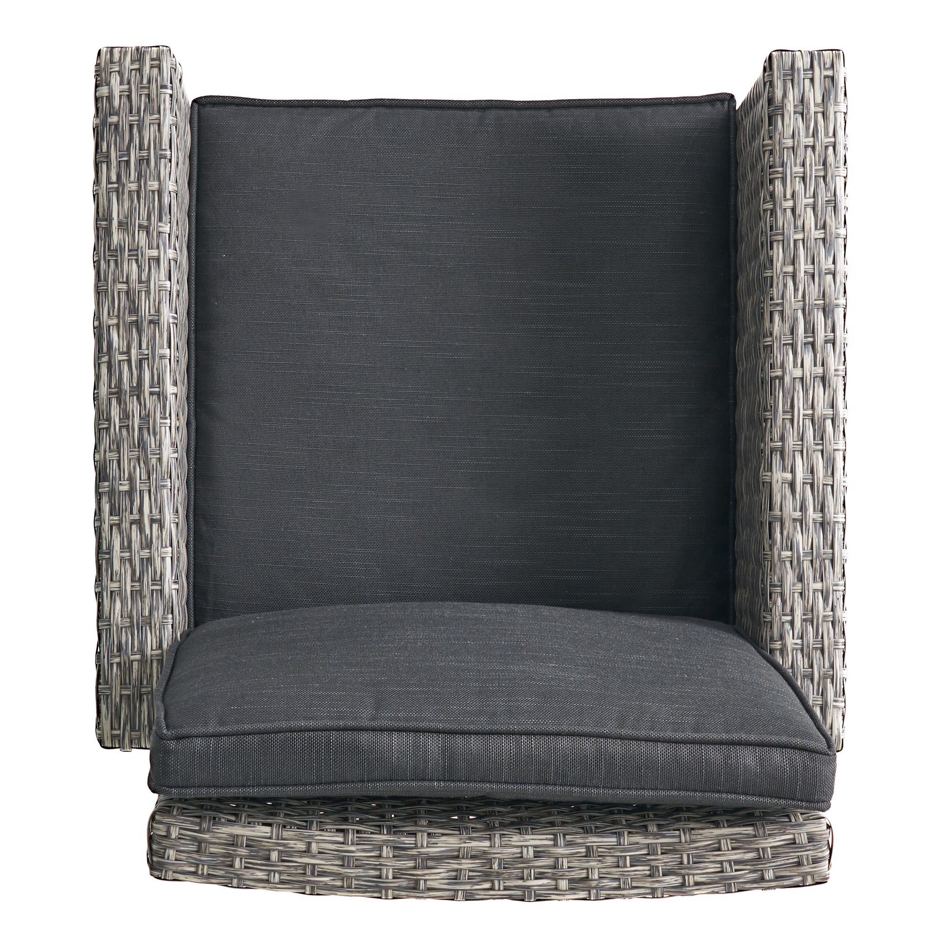 Gray wicker swivel chair with charcoal cushions