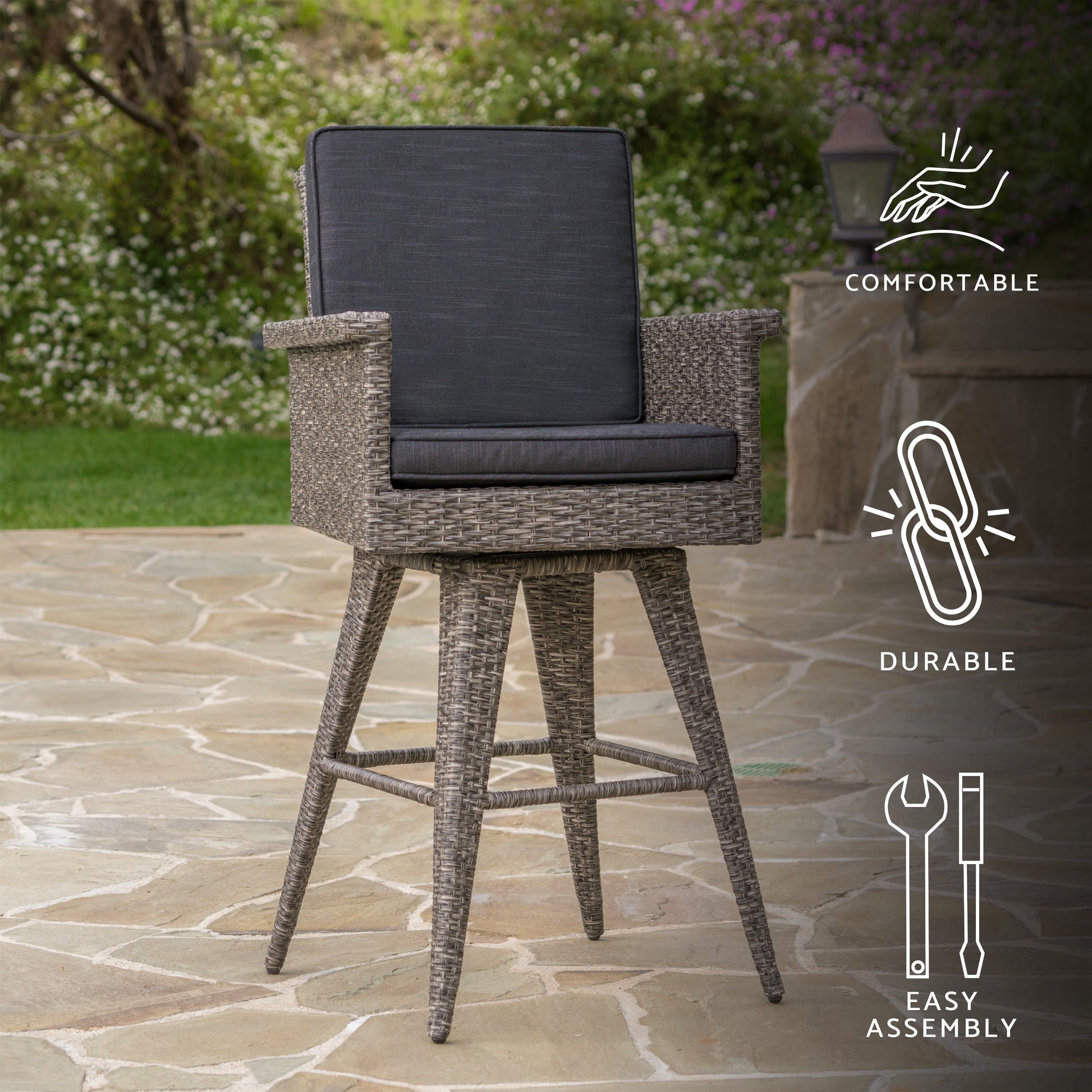 Gray wicker swivel bar stool with dark gray cushions