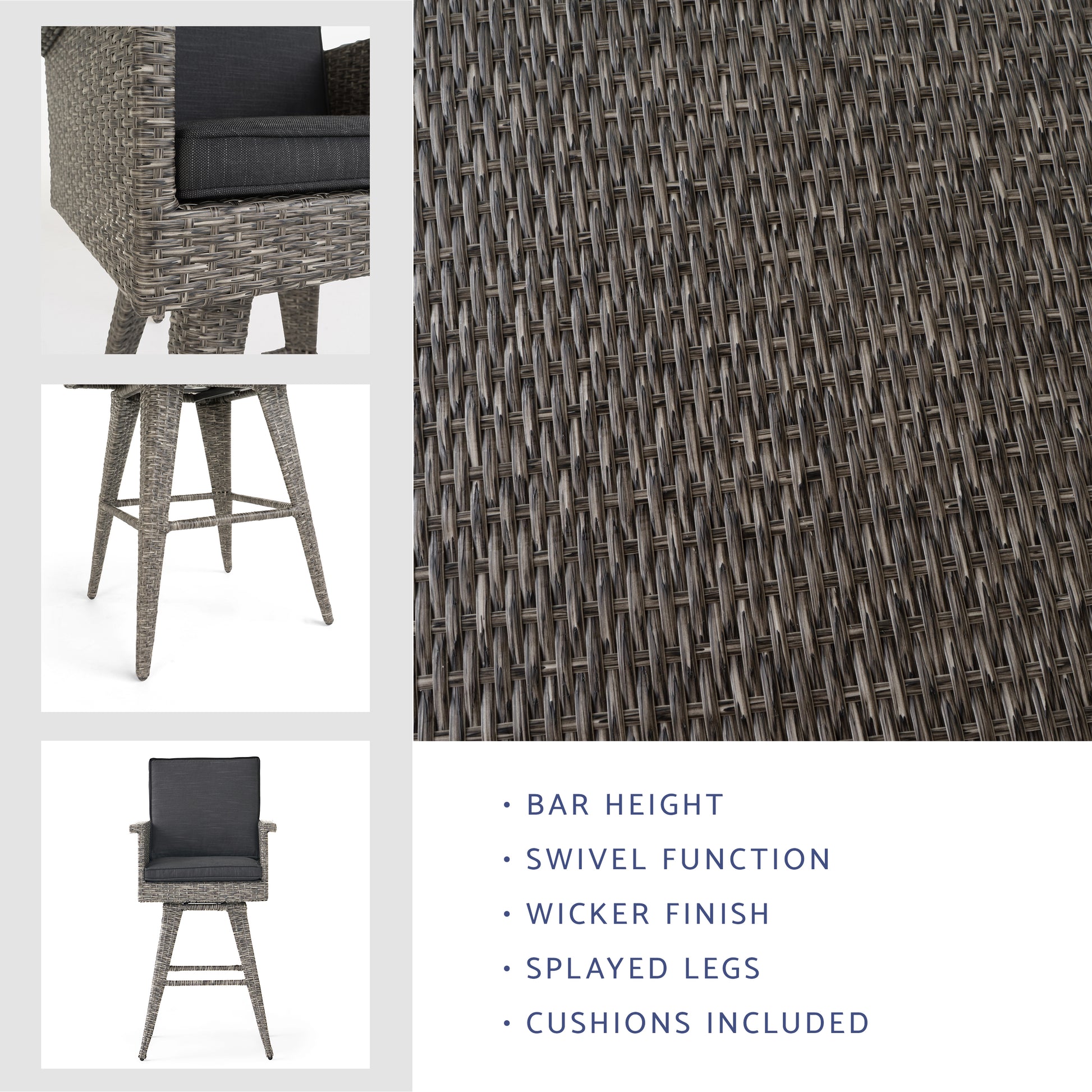 Gray wicker bar stool with swivel function and charcoal cushion