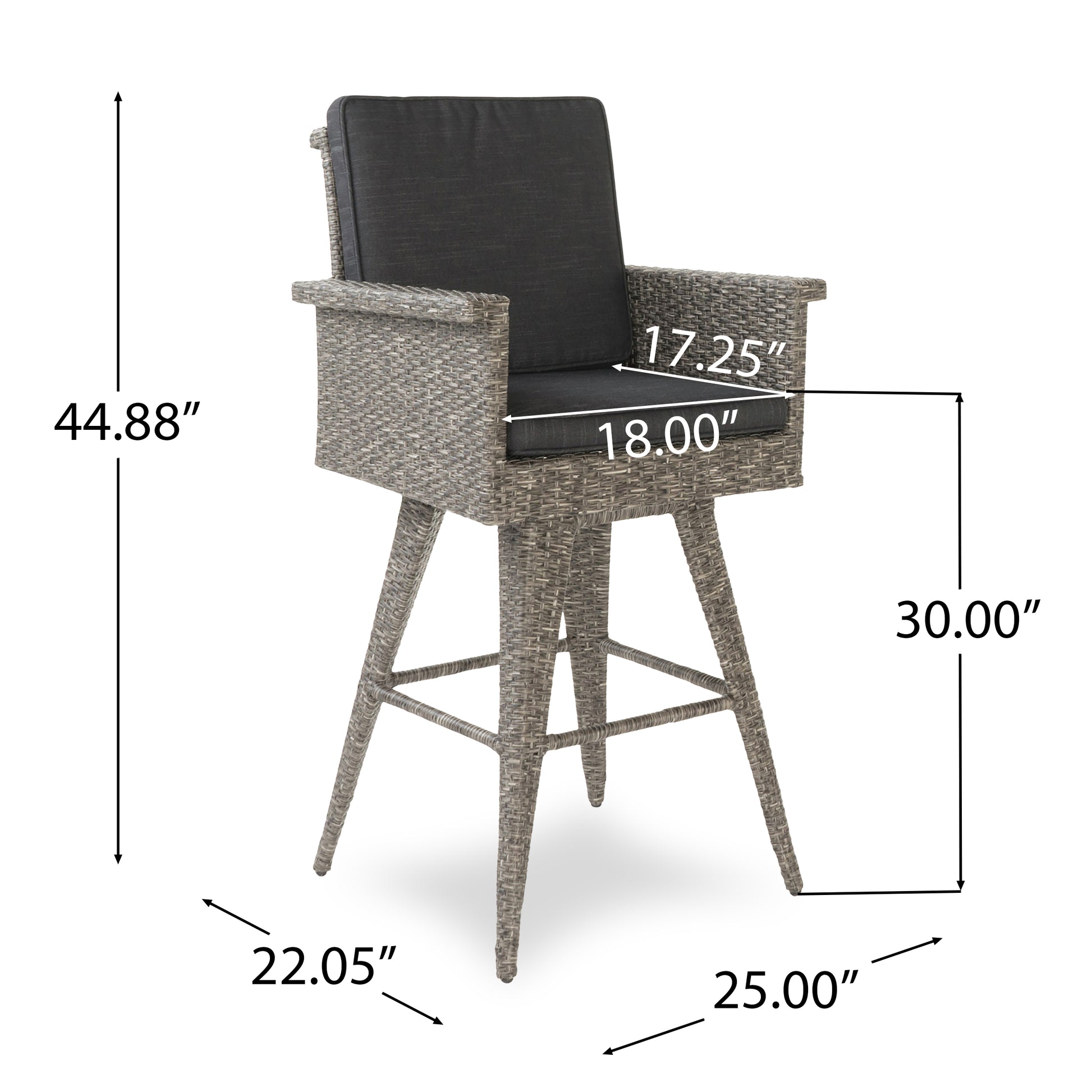 Gray wicker bar stool with charcoal cushion