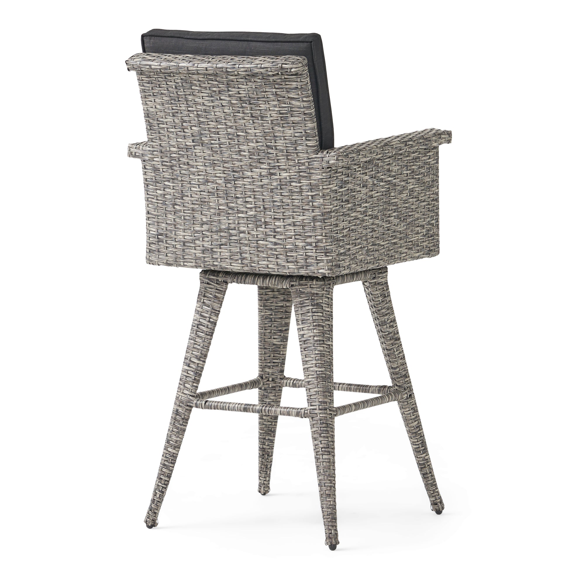 Grey wicker bar stool with black seat cushion