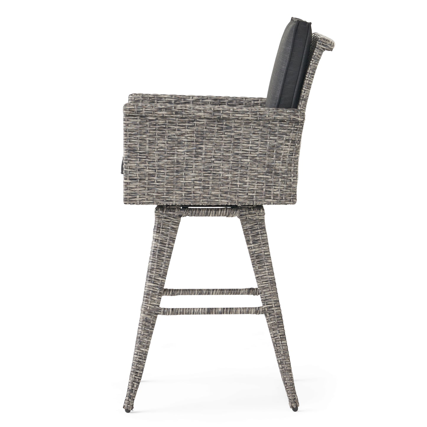 Gray wicker swivel bar stool with black cushion
