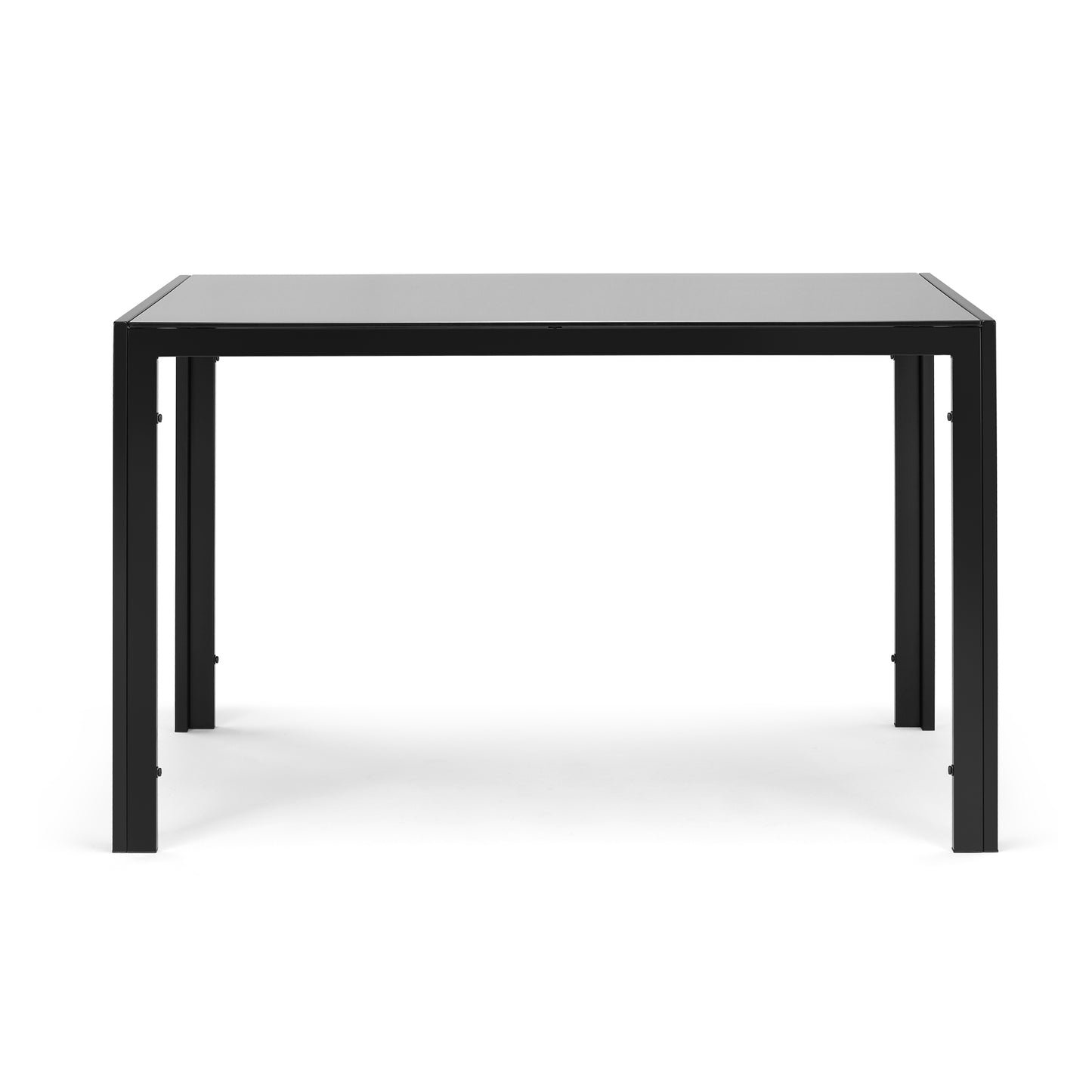 Rectangular black metal frame dining table with a sleek grey tabletop