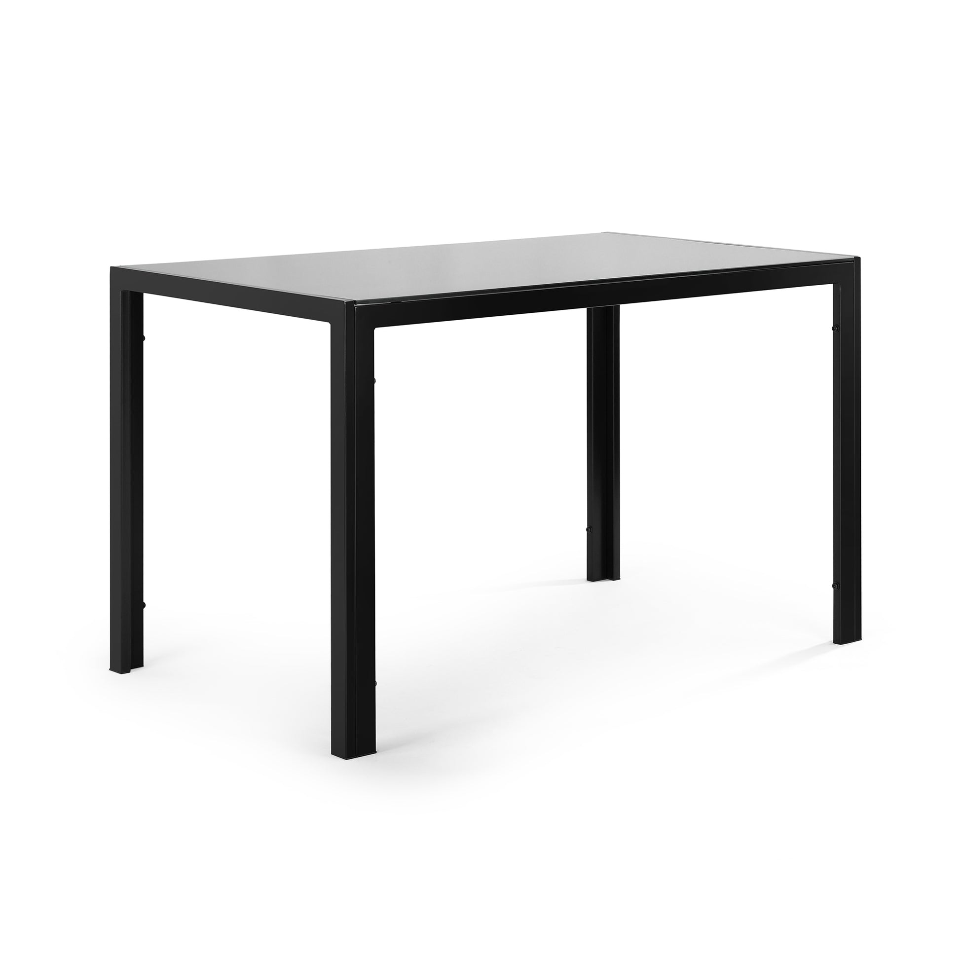 Modern black metal dining table with glass top