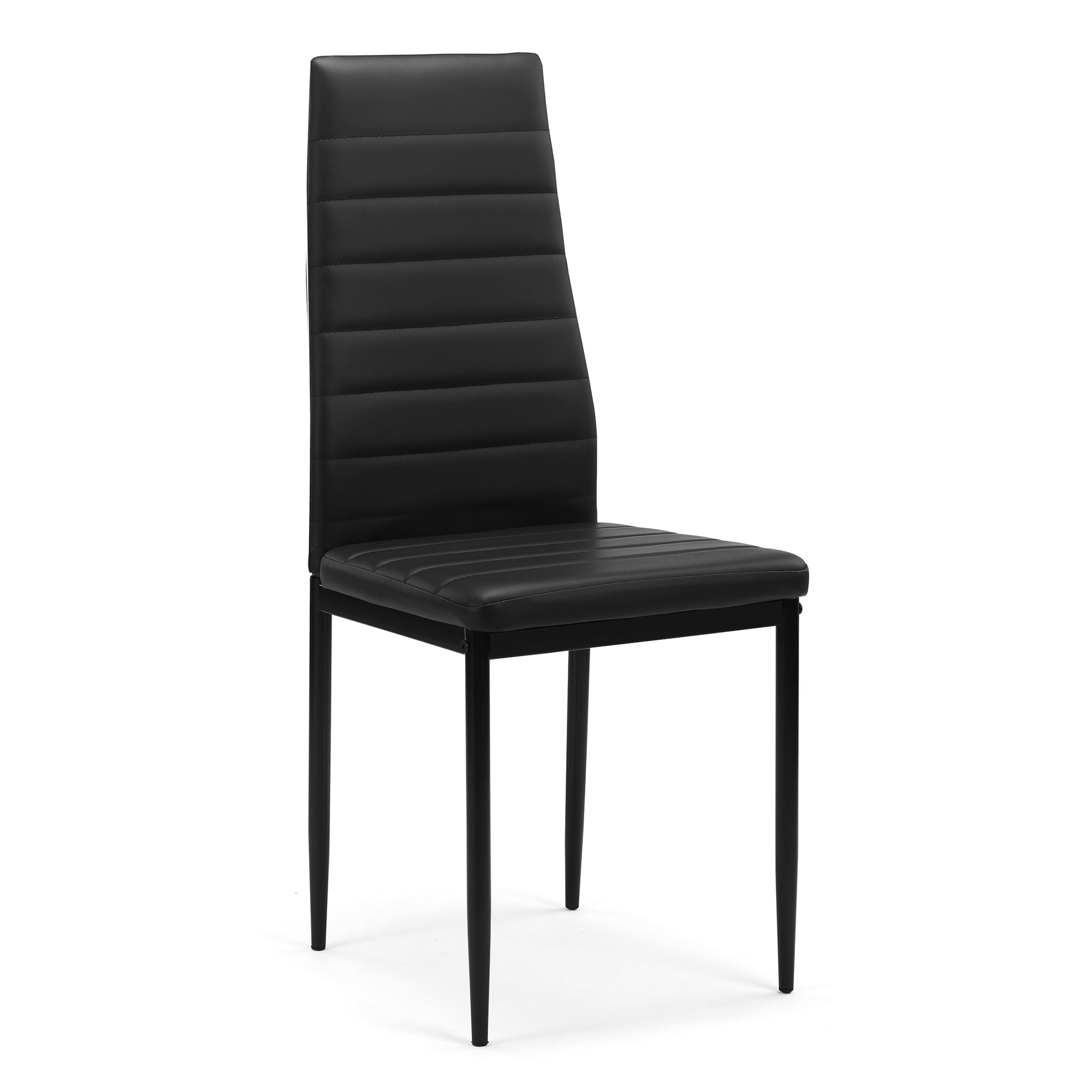 Black faux leather dining chair with horizontal stitching on seat and back