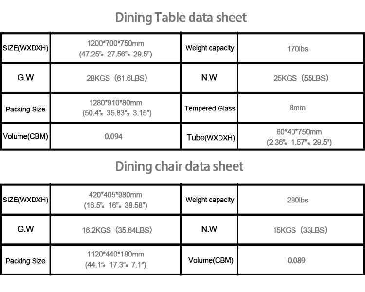 Dining table datasheet with dimensions xxmm lbs capacity