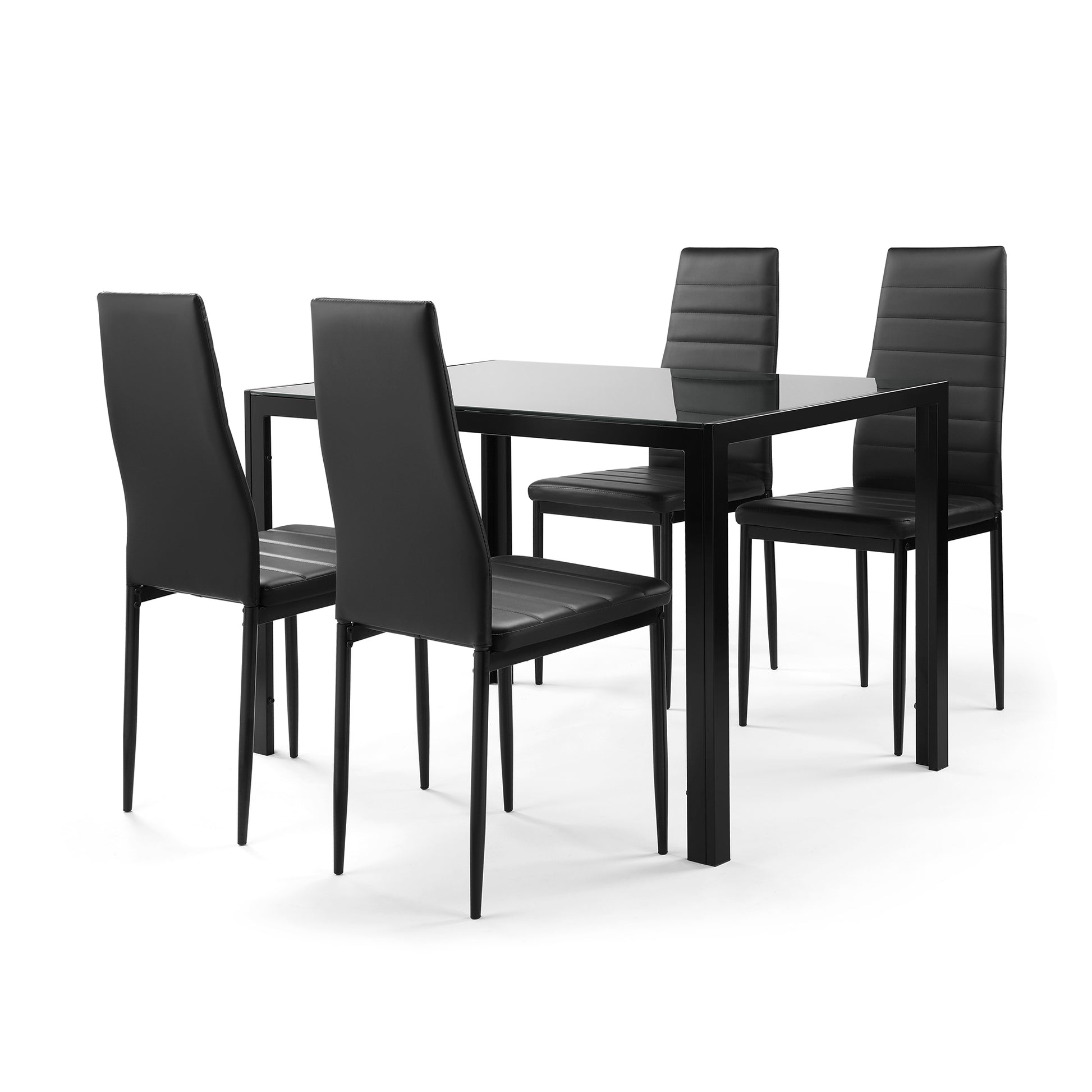 Modern black glass dining table with four upholstered chairs