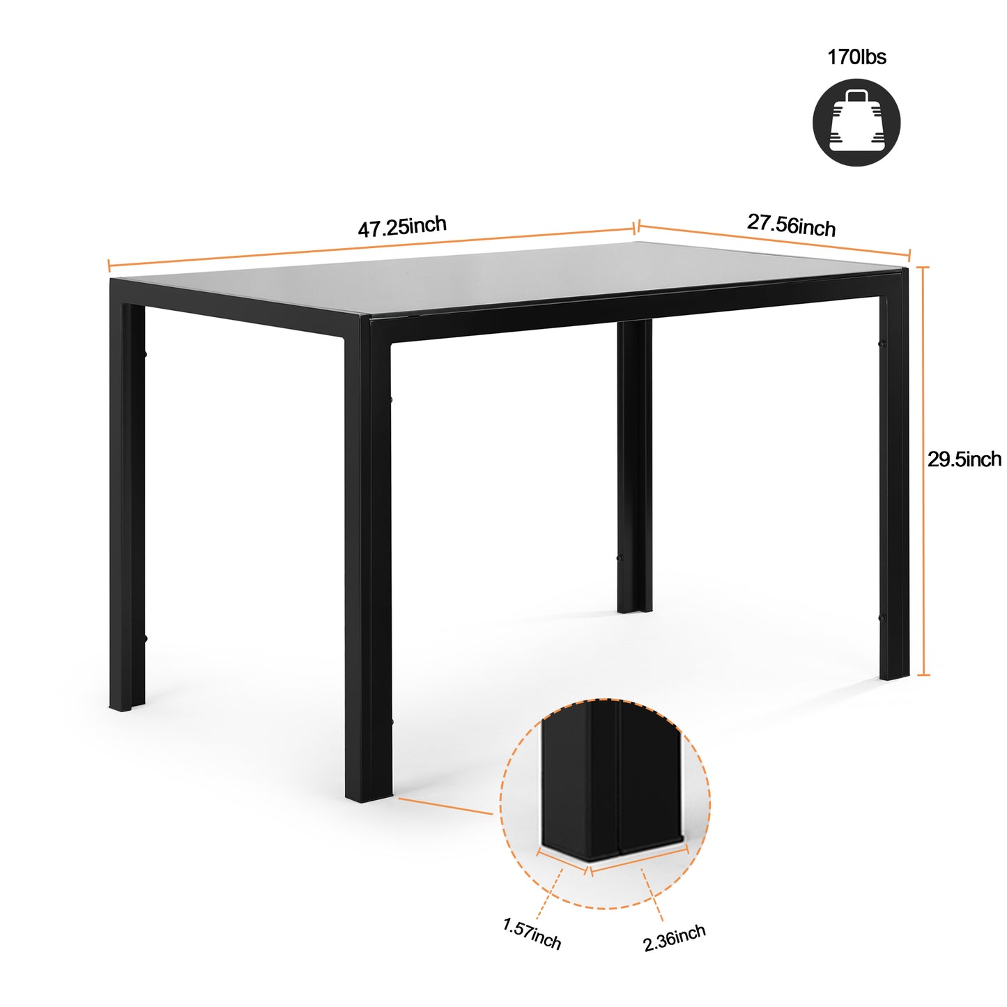Modern black dining table with a tempered glass top x inches