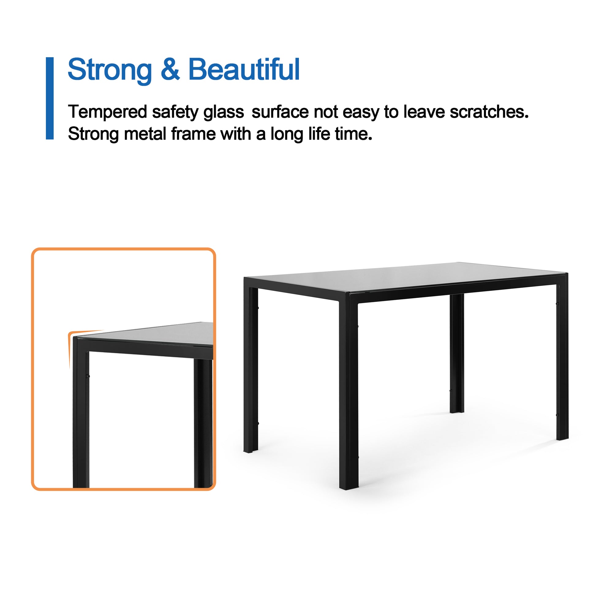 Black metal frame dining table with tempered glass top