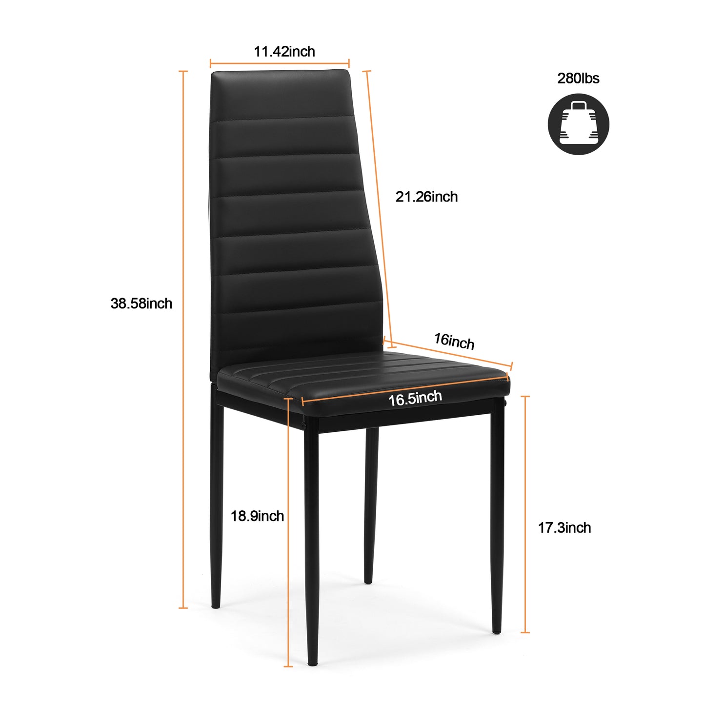 Black faux leather dining chair with tufted backrest and metal legs