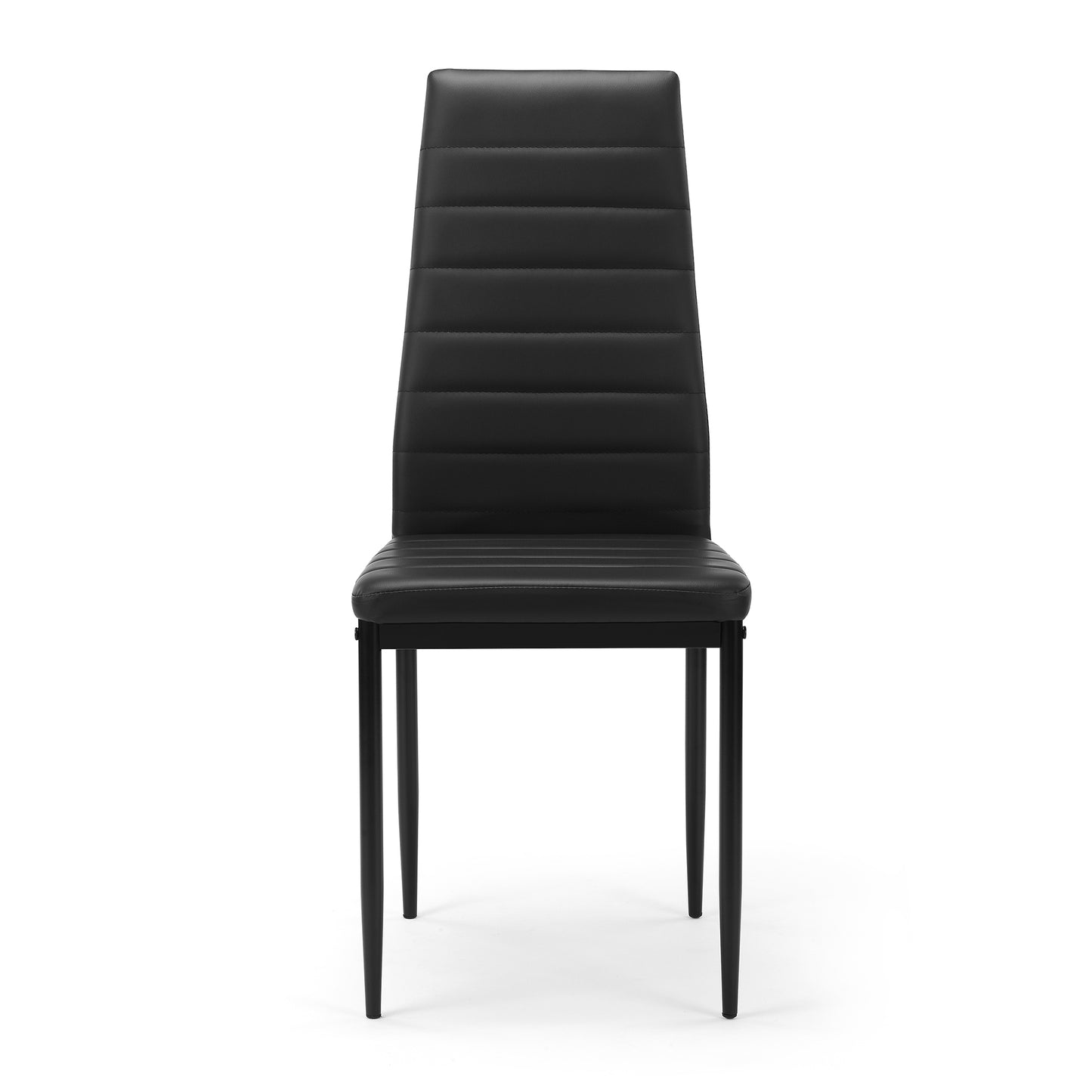 Sleek black faux leather dining chair with horizontal tufting on a tall backrest
