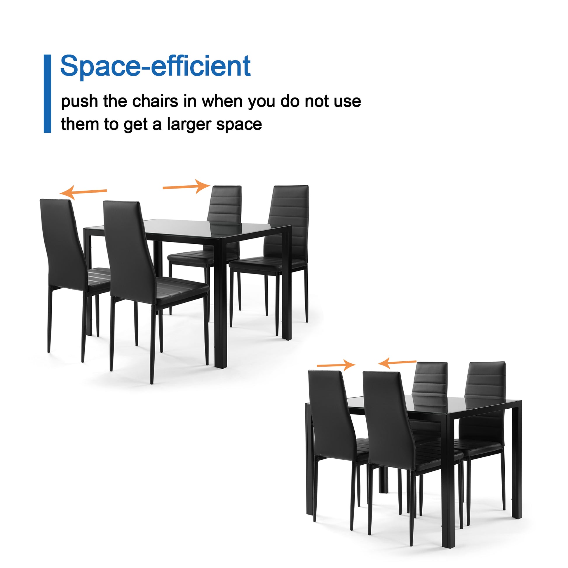 Black faux leather dining chairs tucked under a sleek glasstop dining table