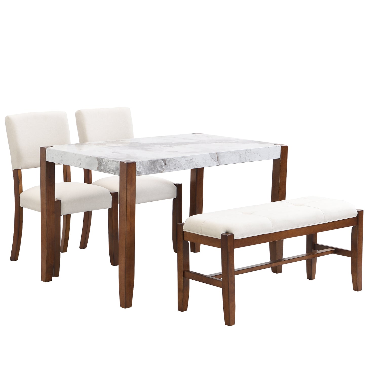 Marble top dining table with wooden legs and two upholstered chairs