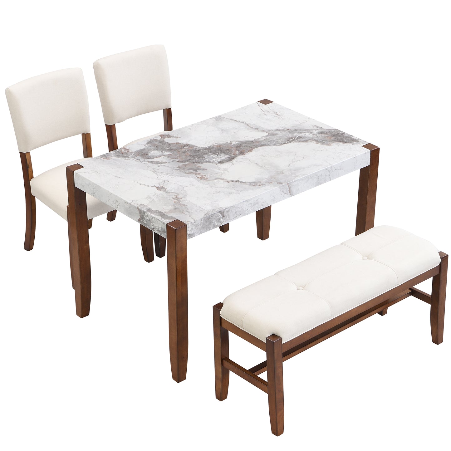 Marble dining table set with two upholstered chairs and a tufted bench