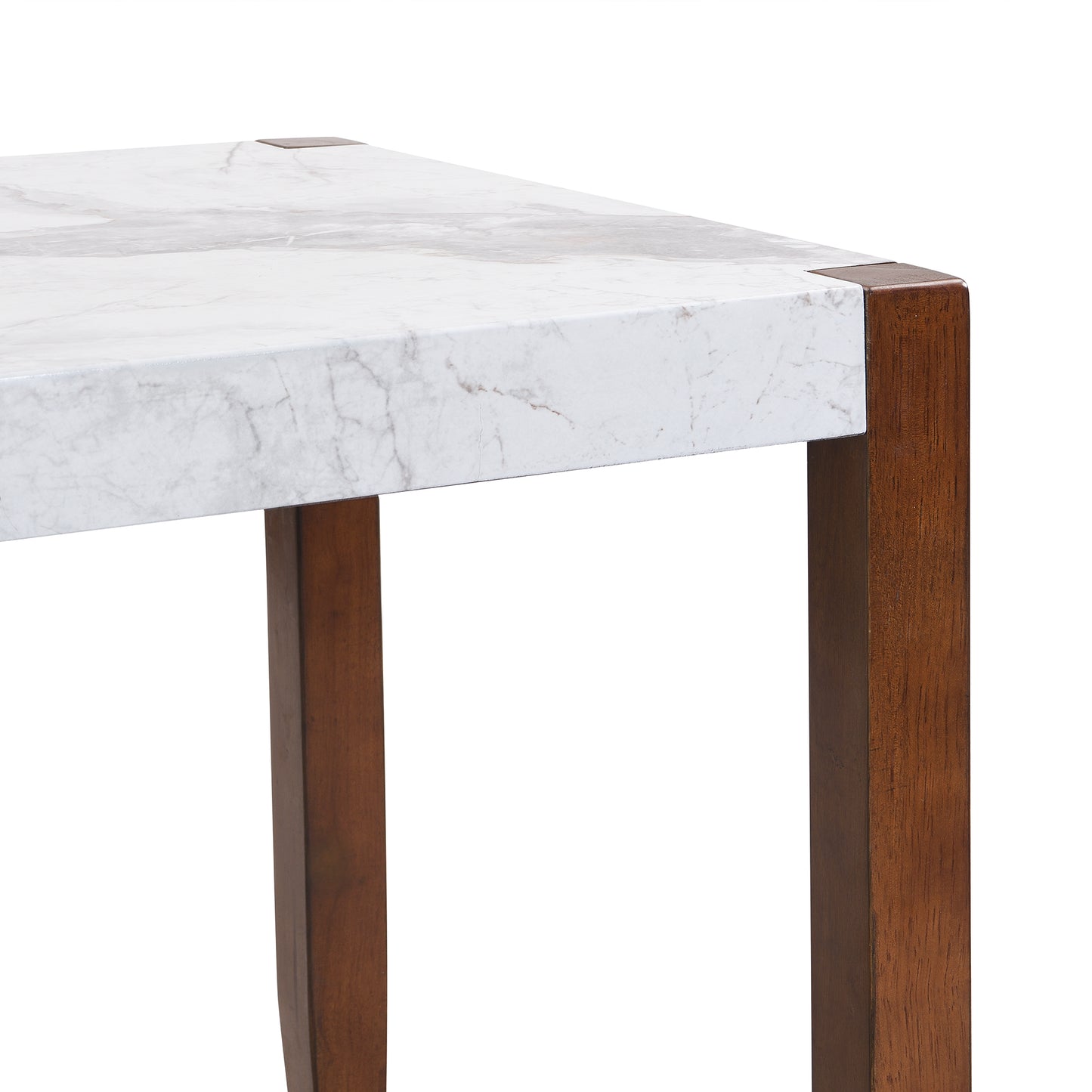 Closeup of white marble tabletop with dark wood legs