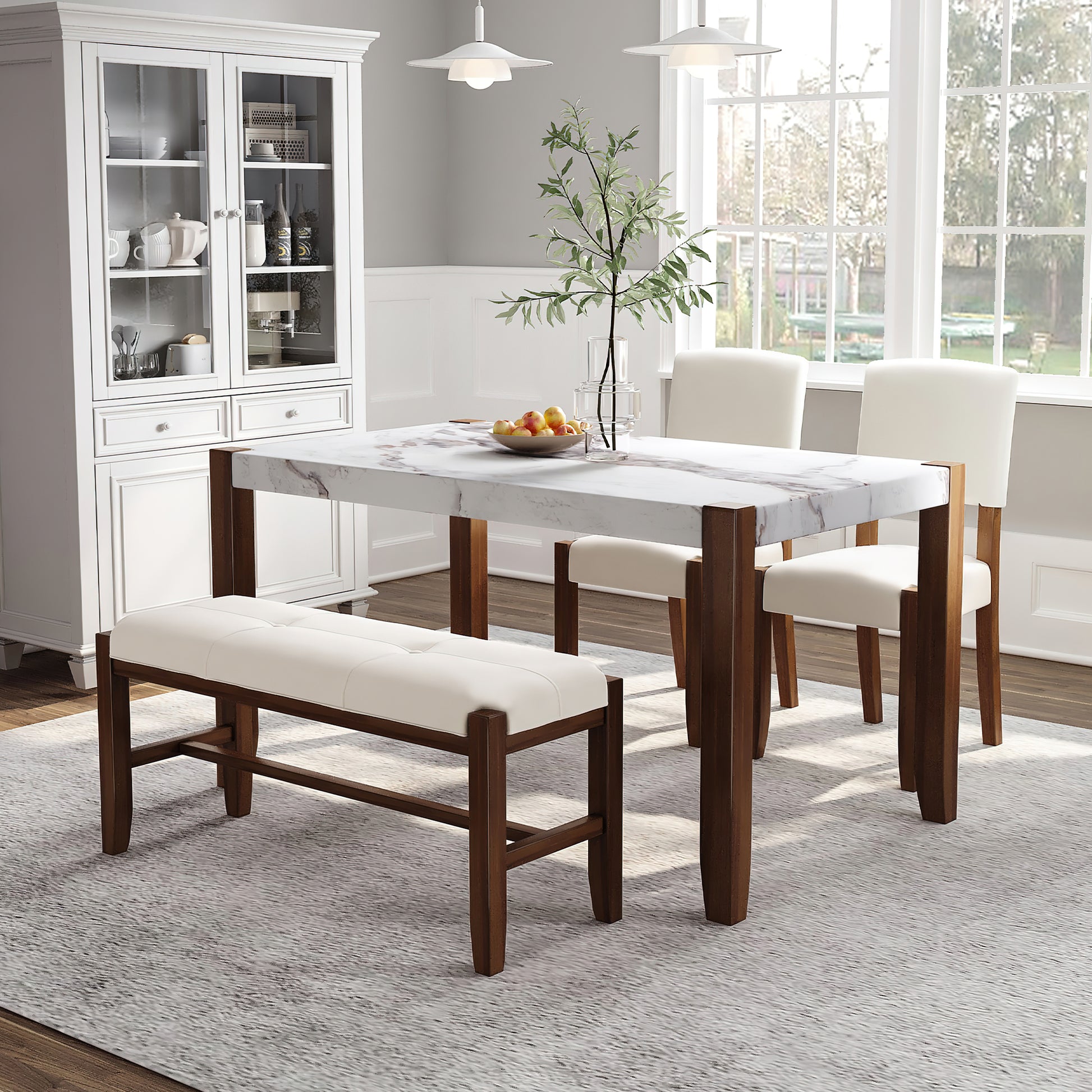 White glassfronted dining hutch with two cabinet doors and display shelves