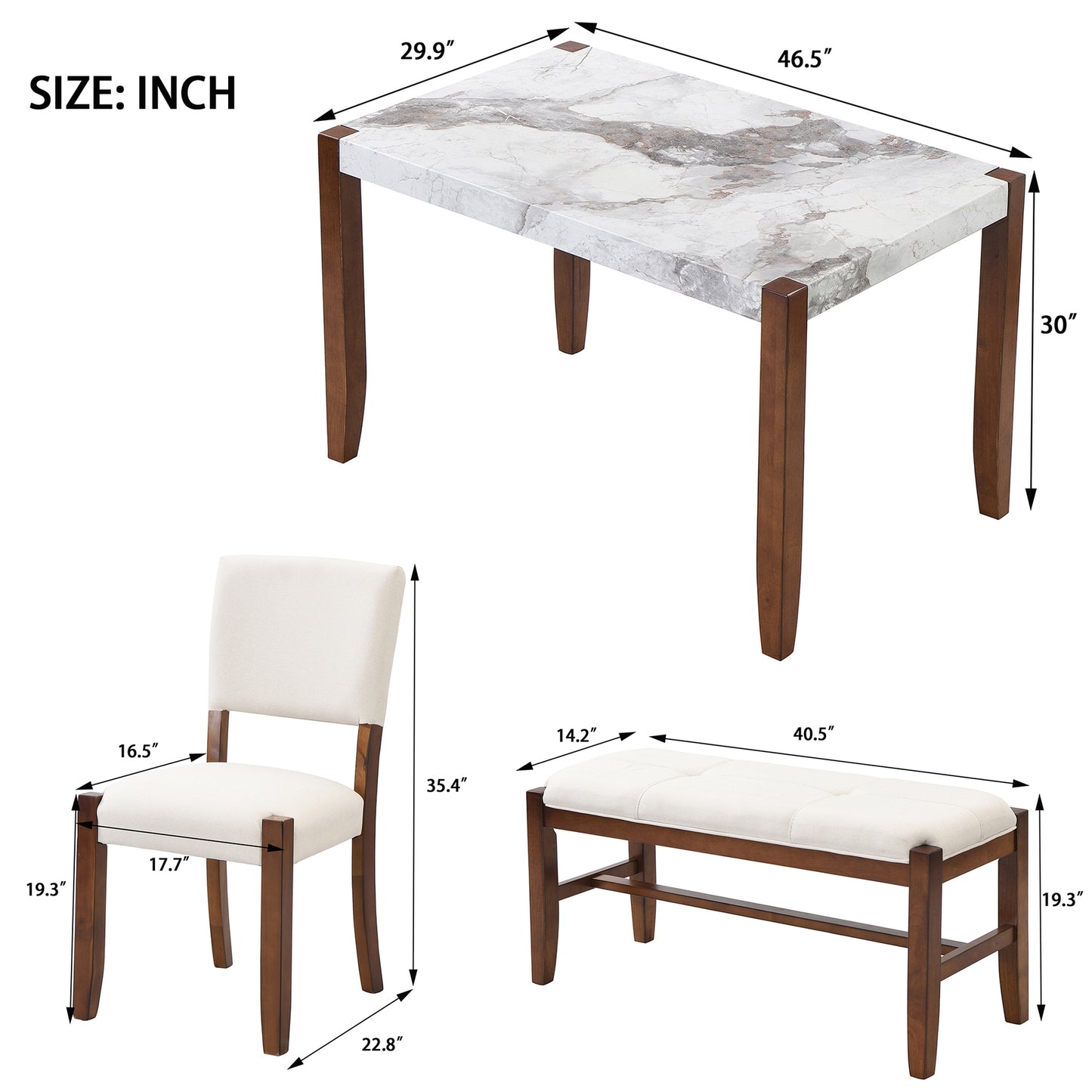 White marble top dining table with dark wood legs