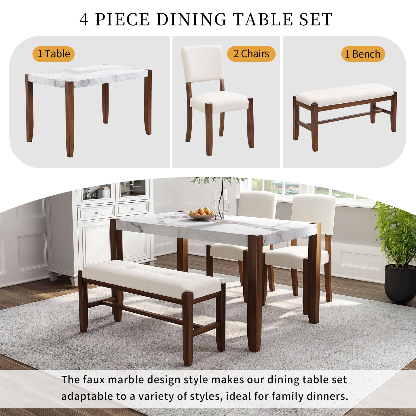 Faux marble dining table with dark wood legs