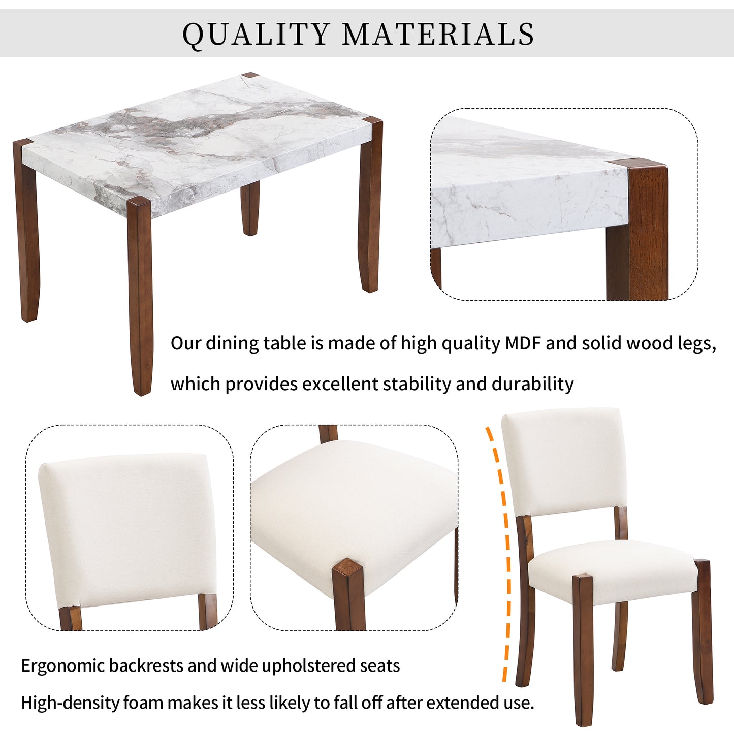 Marble top dining table with dark wood legs